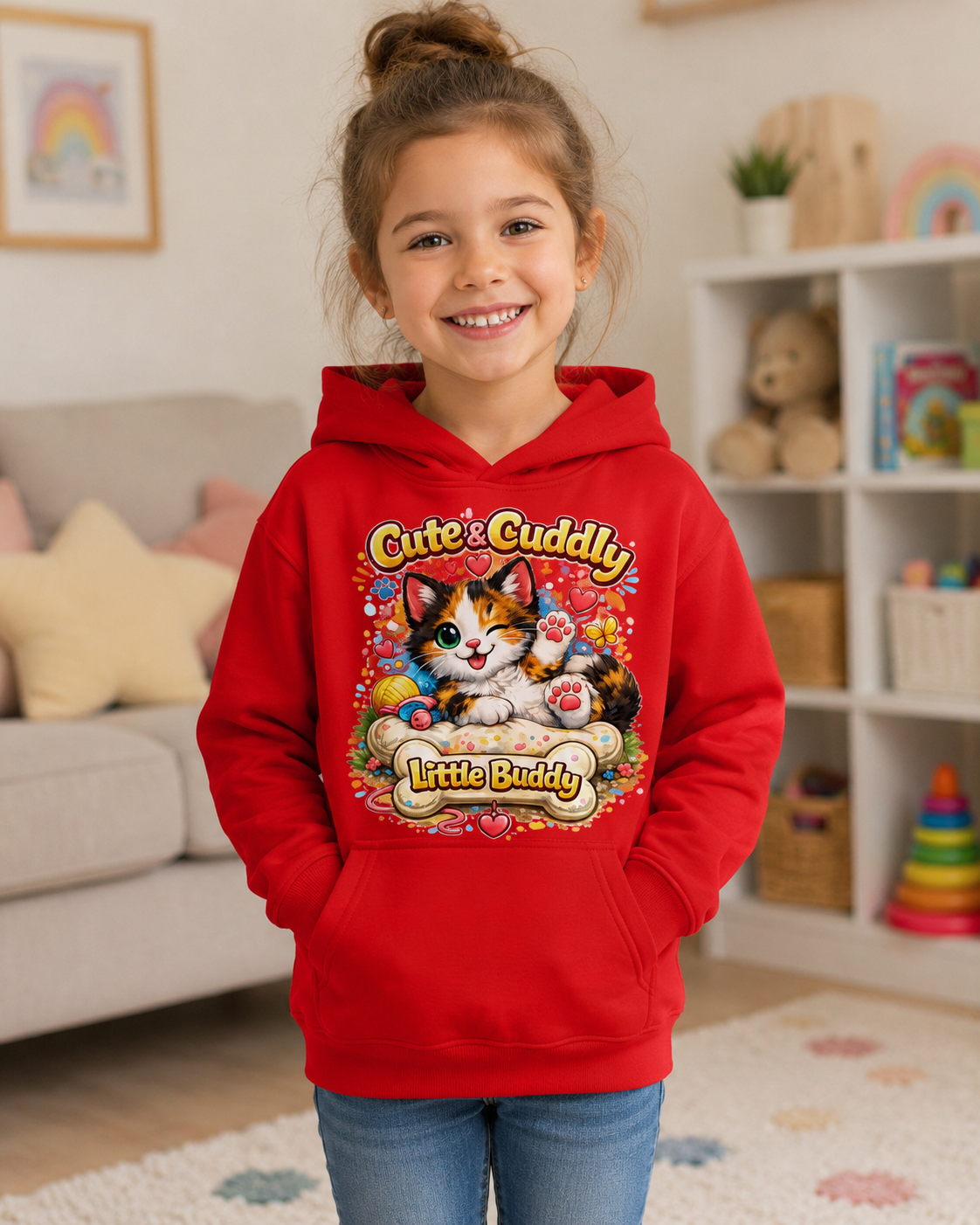 Cute & Cuddly Kitten Kids Hoodie — “Little Buddy” Graphic