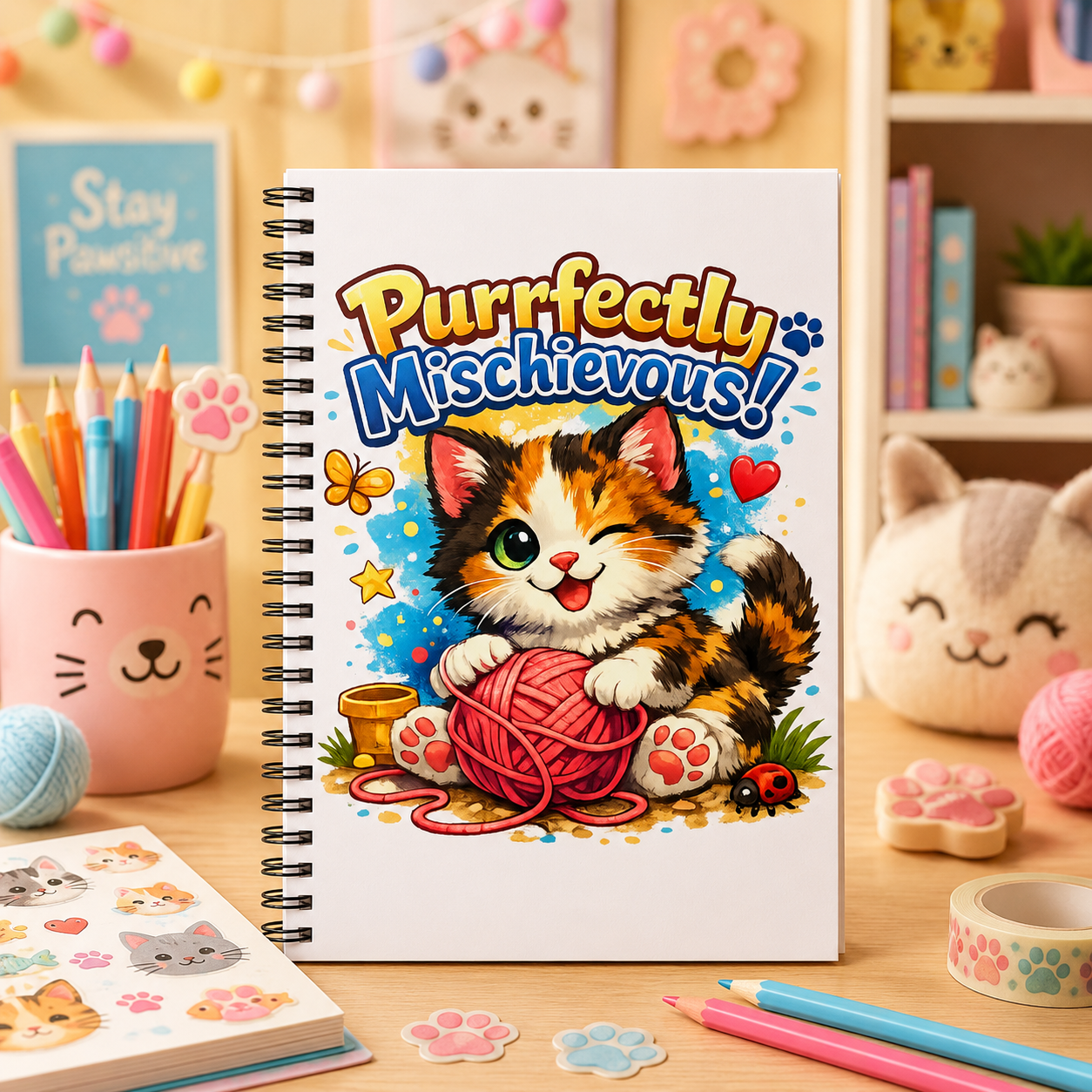 Notebook — "Purrfectly Mischievous!" Cute Calico Kitten Spiral Journal