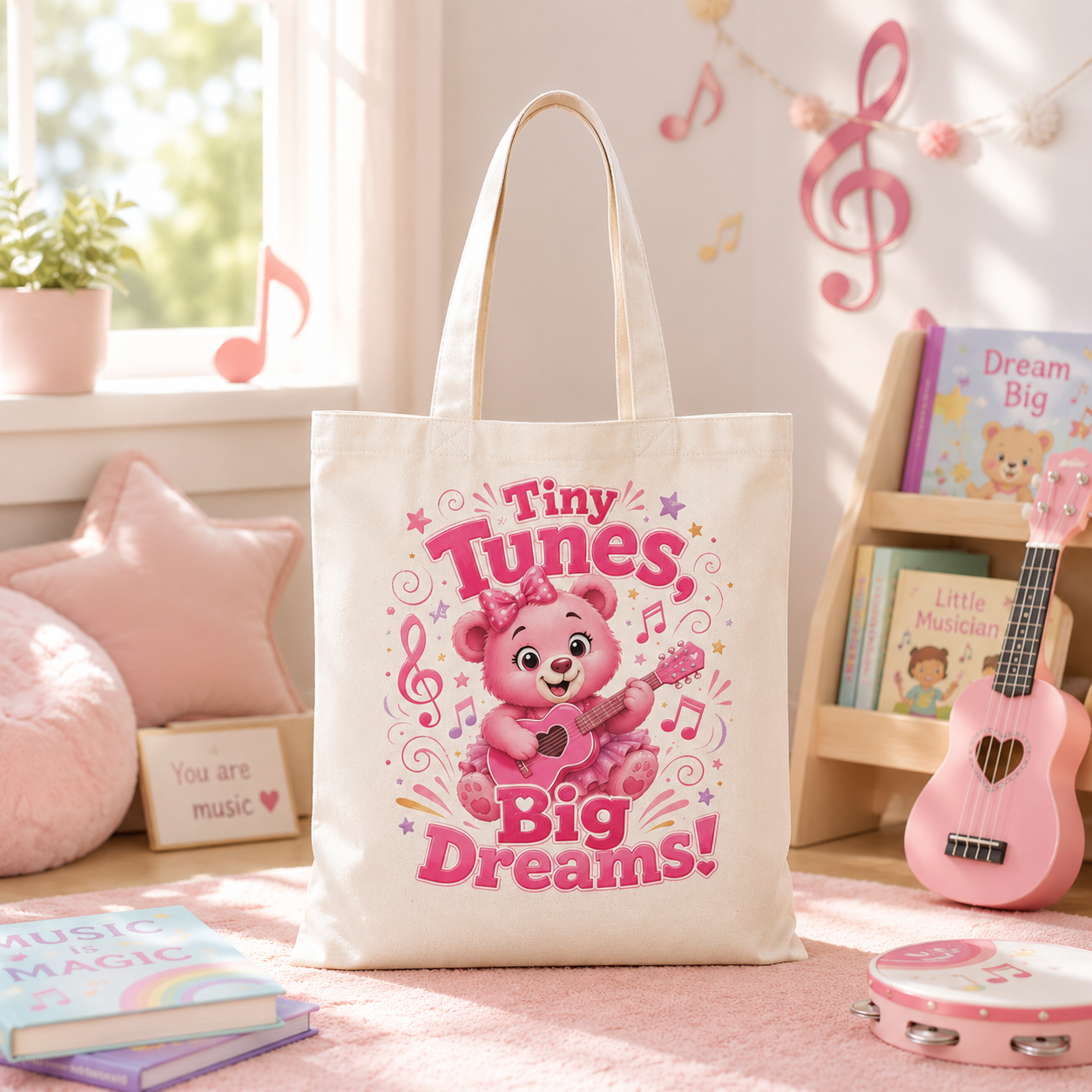 Cute Pink Bear Tote Bag – "Tiny Tunes, Big Dreams" Kids Music Tote