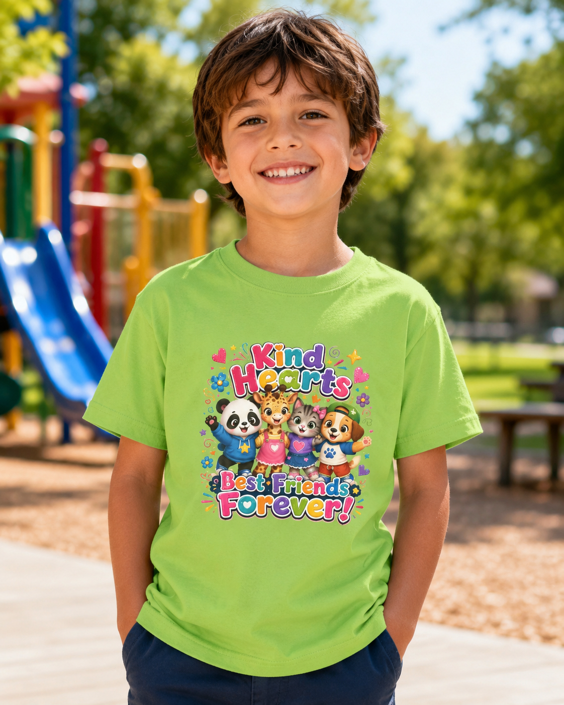 Kids Tee — "Kind Hearts Best Friends Forever" Colorful Cartoon Animals