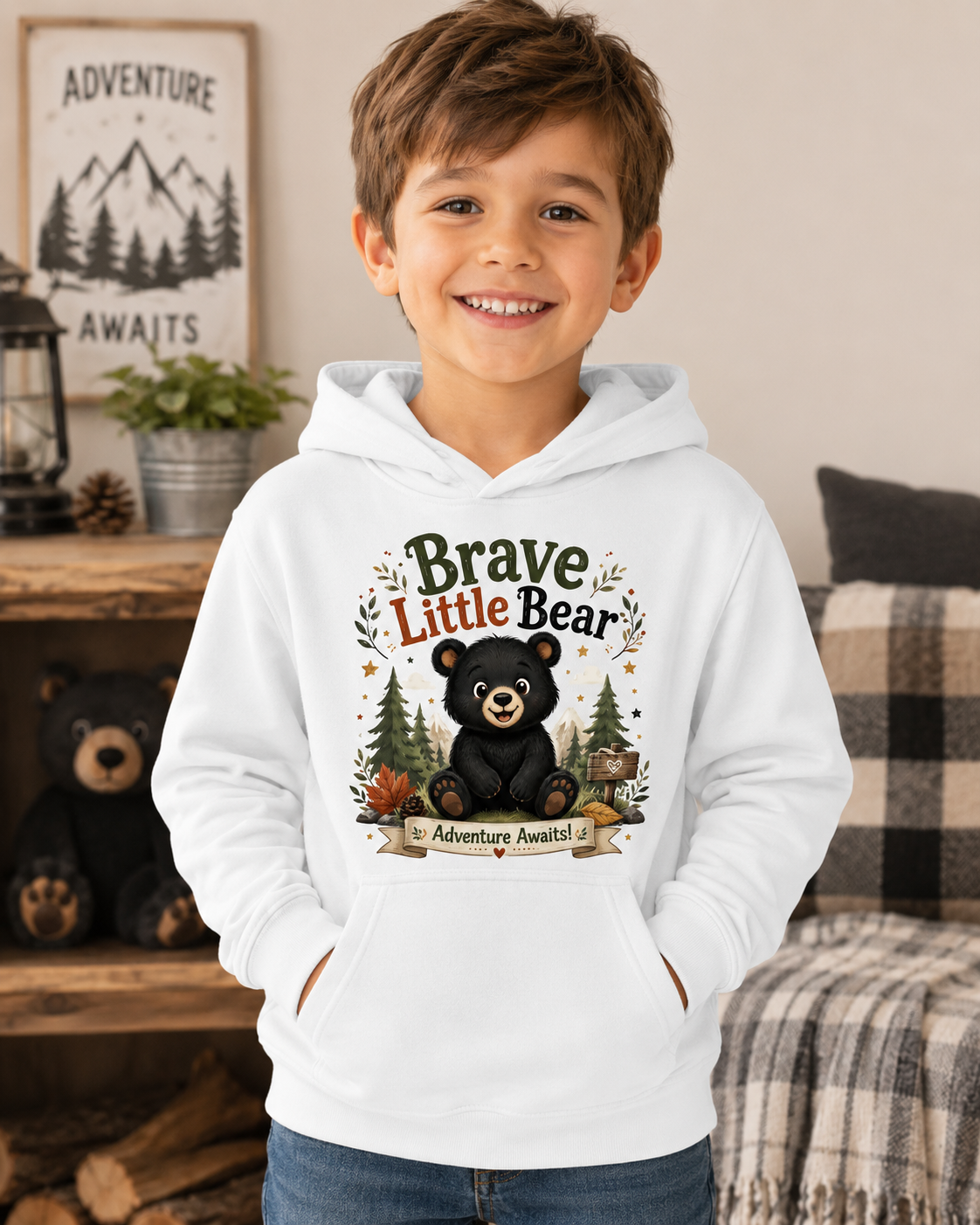 Brave Little Bear Kids Hoodie — 'Adventure Awaits' Woodland Bear Sweatshirt
