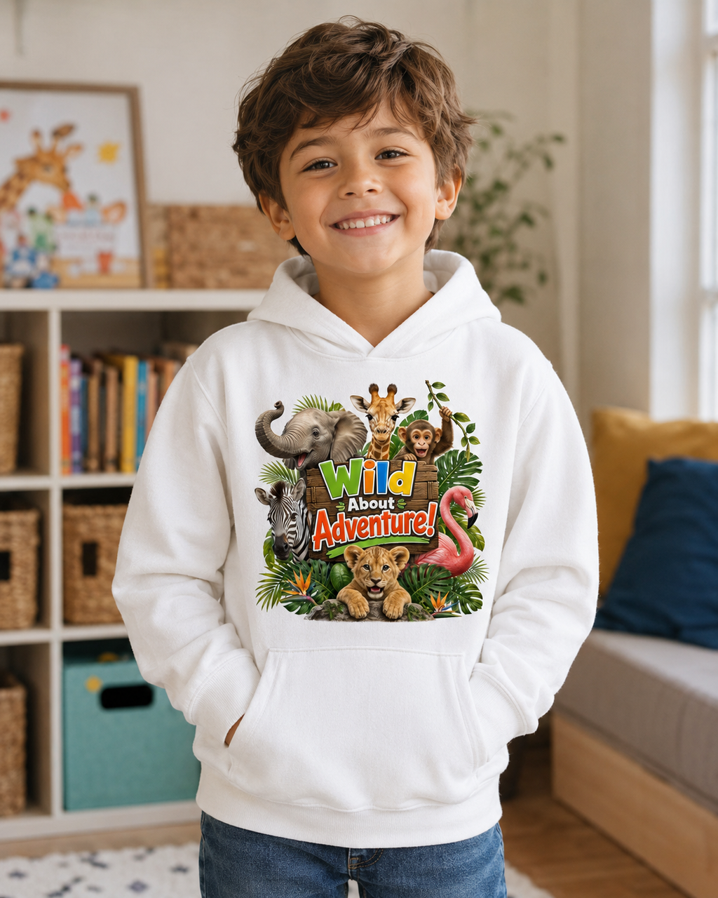 Kids Hoodie - "Wild About Adventure" Cute Jungle Animal Graphic Hoodie for Boys & Girls
