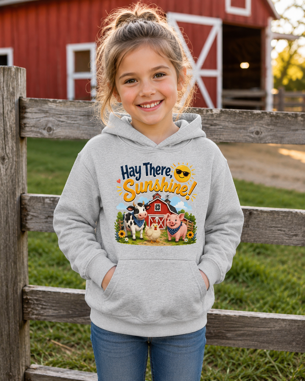 Hay There Sunshine! Kids Hoodie - Cute Farm Animals Barnyard Sweatshirt
