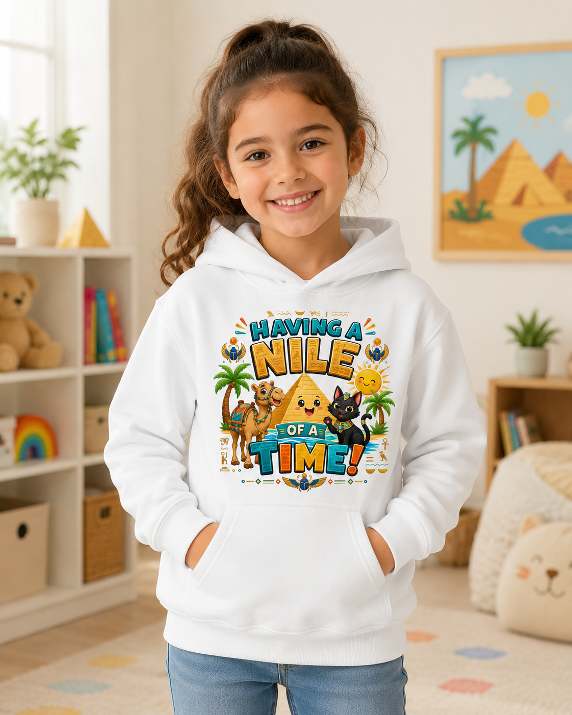 Having a Nile of a Time Kids Hoodie | Cute Egyptian Pyramid Cat Cartoon