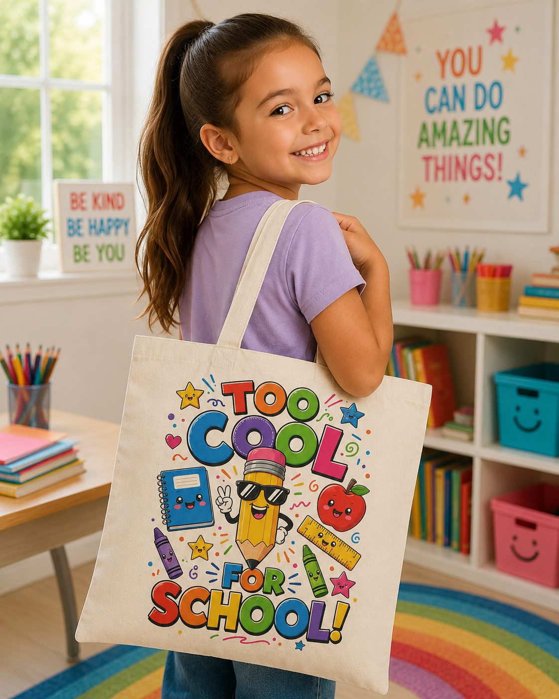 Too Cool For School tote bag | Cute school supplies illustration