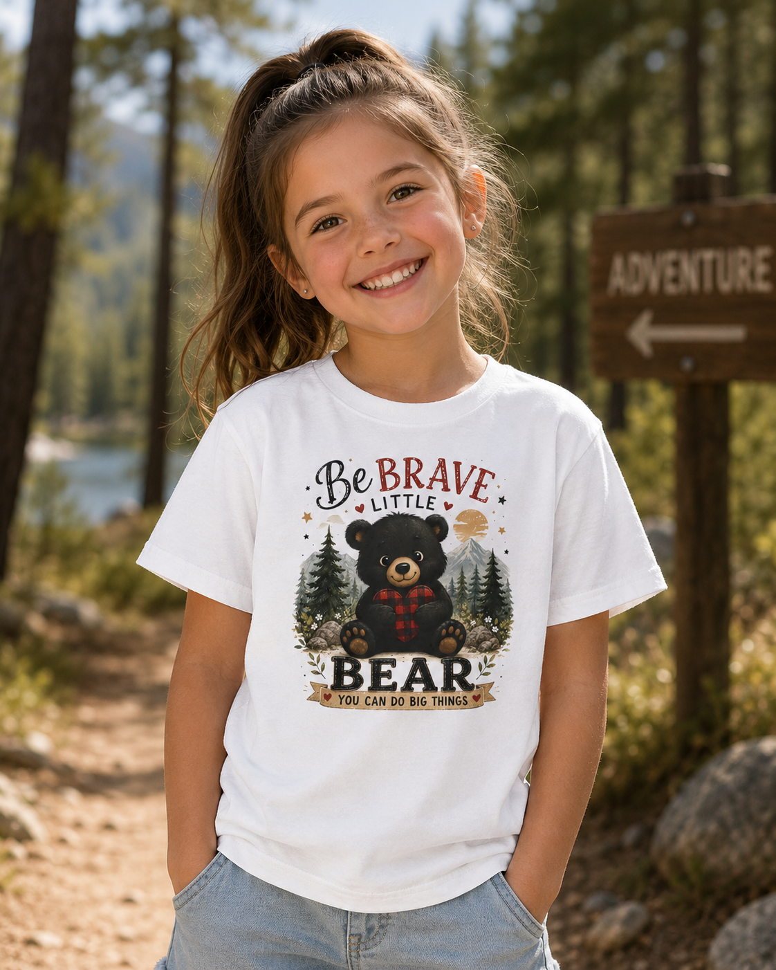 Kids T‑Shirt — "Be Brave Little Bear" Cute Woodland Bear Tee for Children, Inspirational Adventure Gift