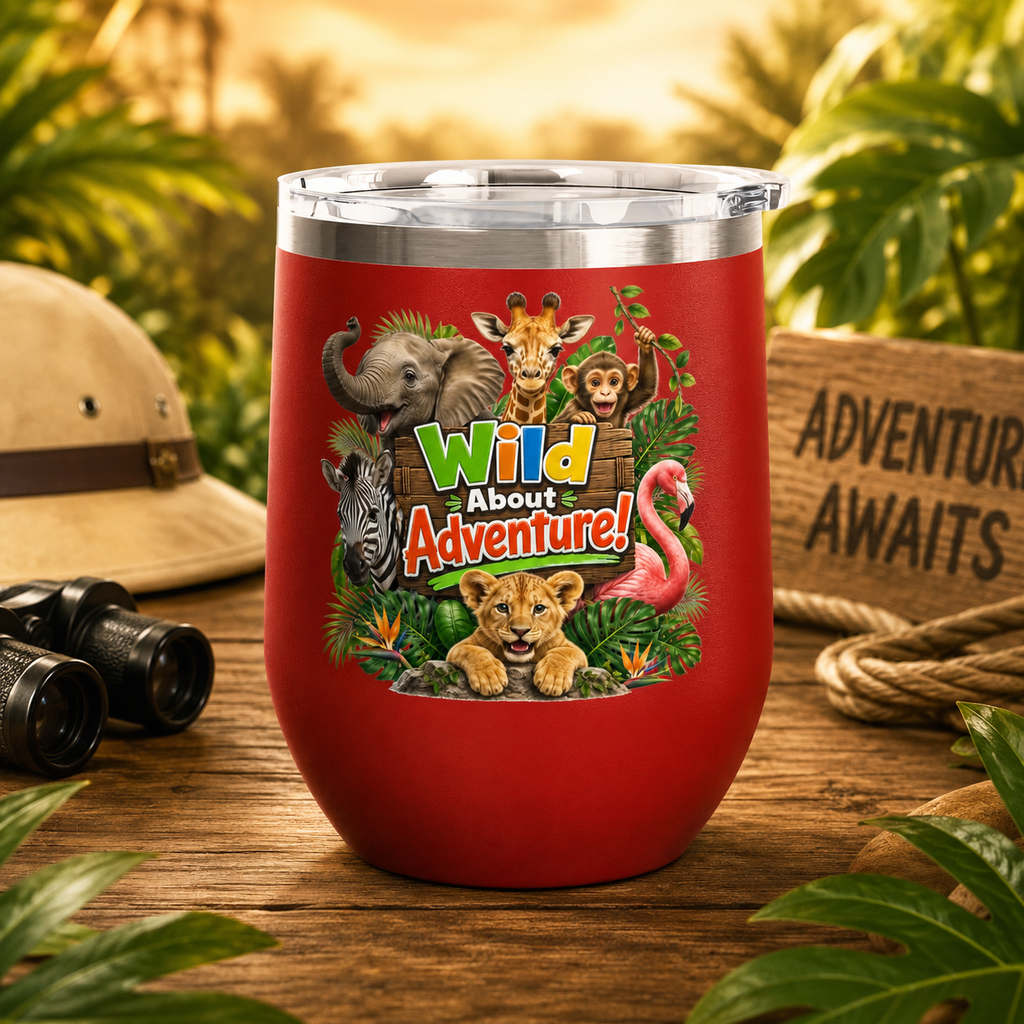 12oz Tumbler — "Wild About Adventure!" Safari Animal Travel Cup