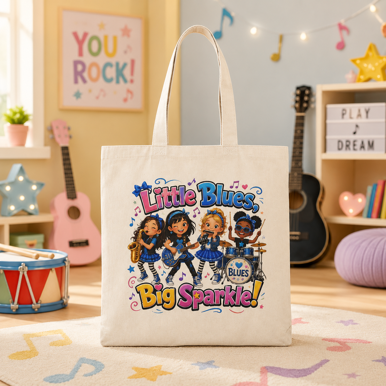Natural Tote Bag — "Little Blues, Big Sparkle" Kids Music Tote