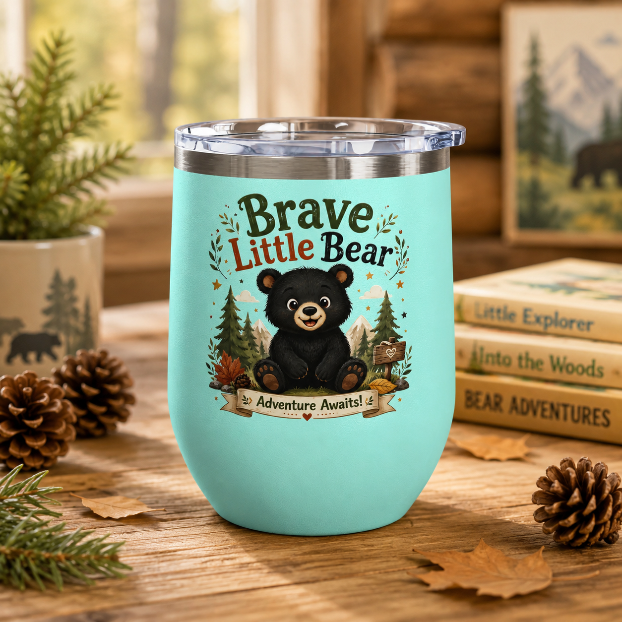 Brave Little Bear 12oz Tumbler — 'Adventure Awaits' Insulated Travel Cup