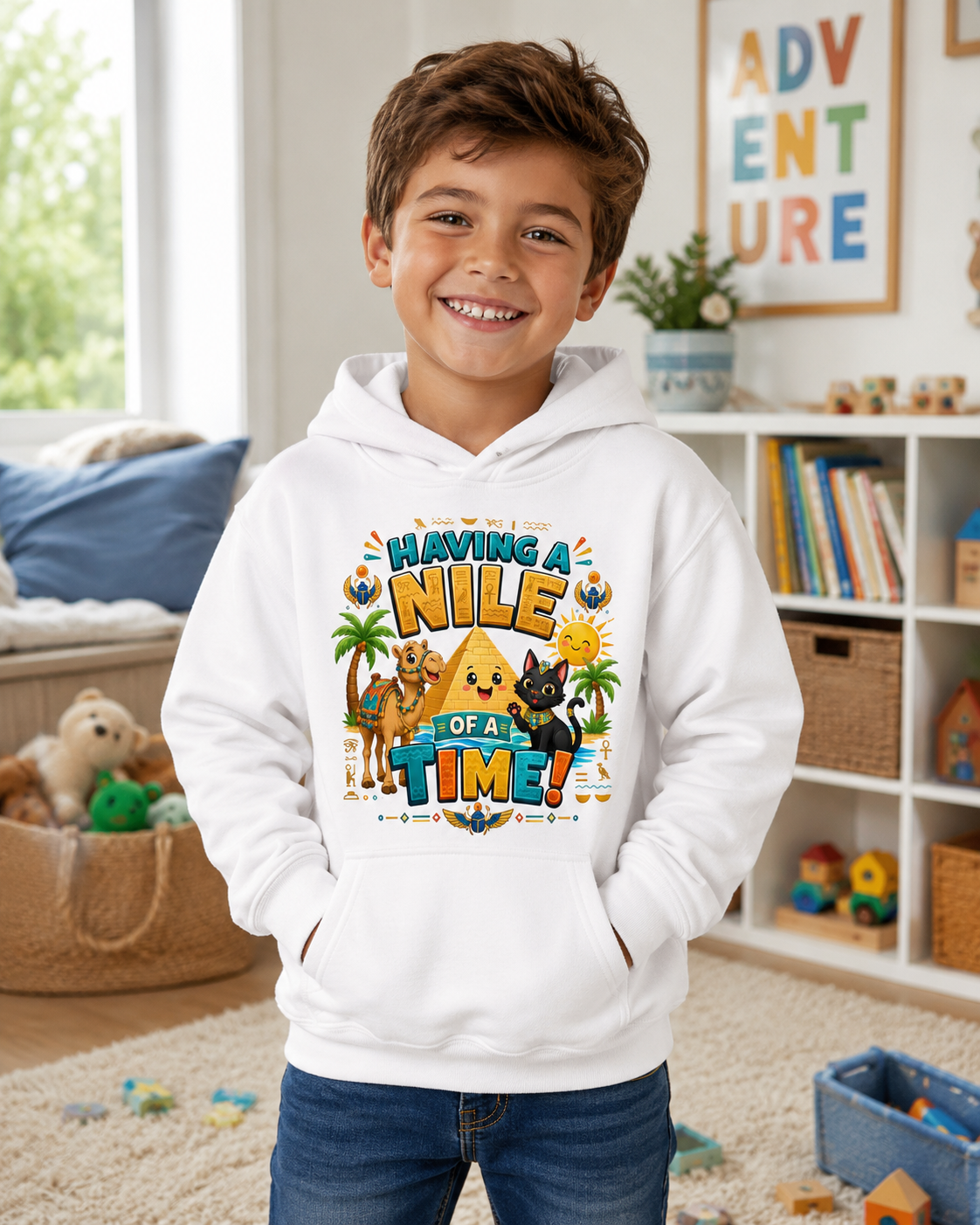 Having a Nile of a Time Kids Hoodie | Cute Egyptian Pyramid Cat Cartoon