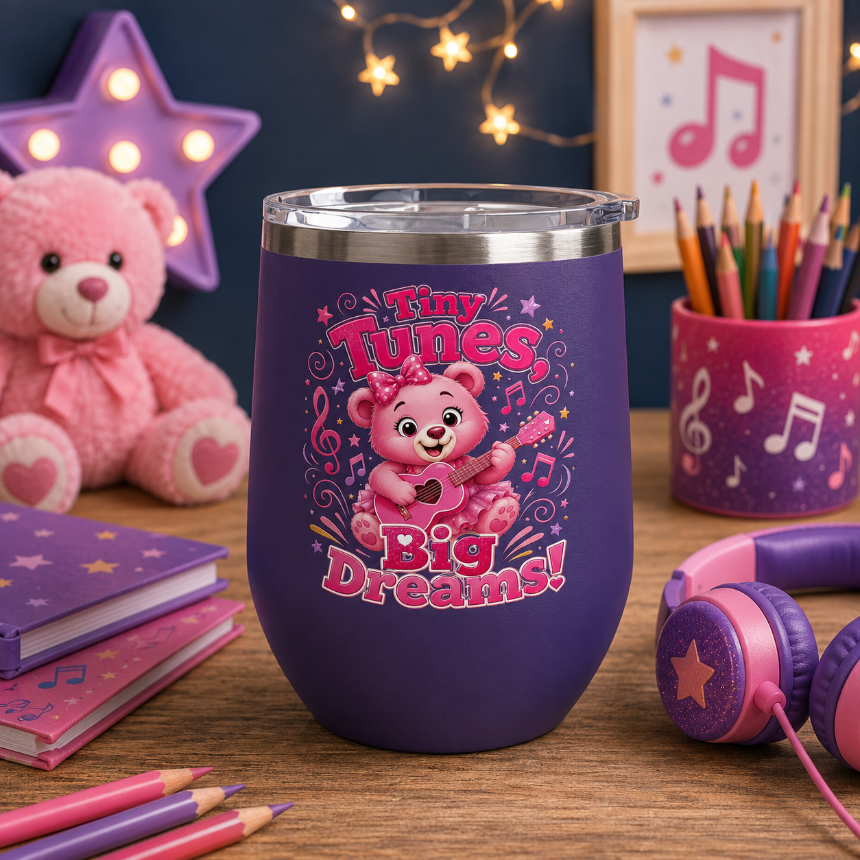 12oz Tumbler — "Tiny Tunes, Big Dreams" Cute Pink Bear Design