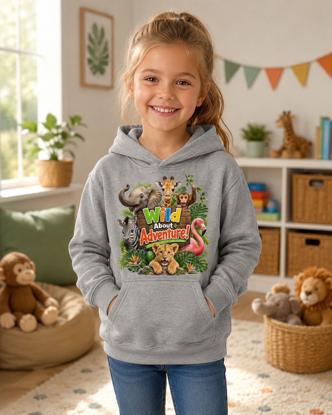 Kids Hoodie - "Wild About Adventure" Cute Jungle Animal Graphic Hoodie for Boys & Girls