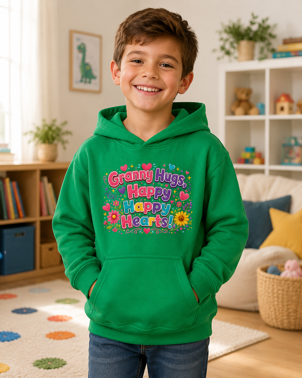 Granny Hugs Happy Happy Heart Kids Hoodie | Colorful Floral Heart Design