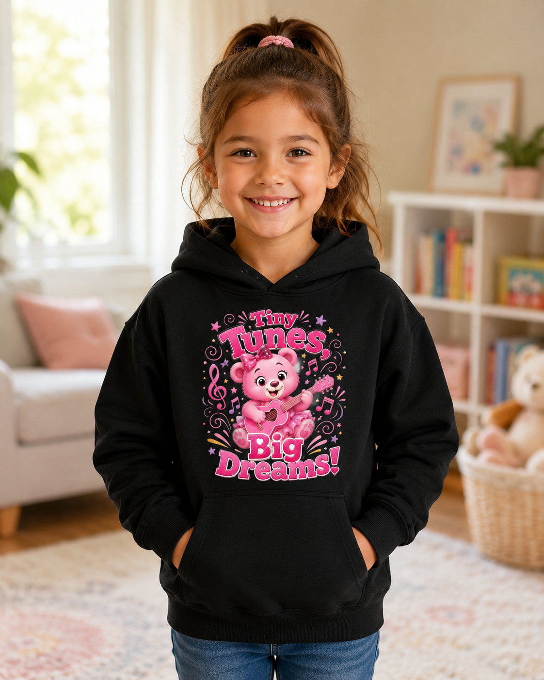 Kids Hoodie — "Tiny Tunes, Big Dreams" Pink Musical Bear Hoodie for Toddlers