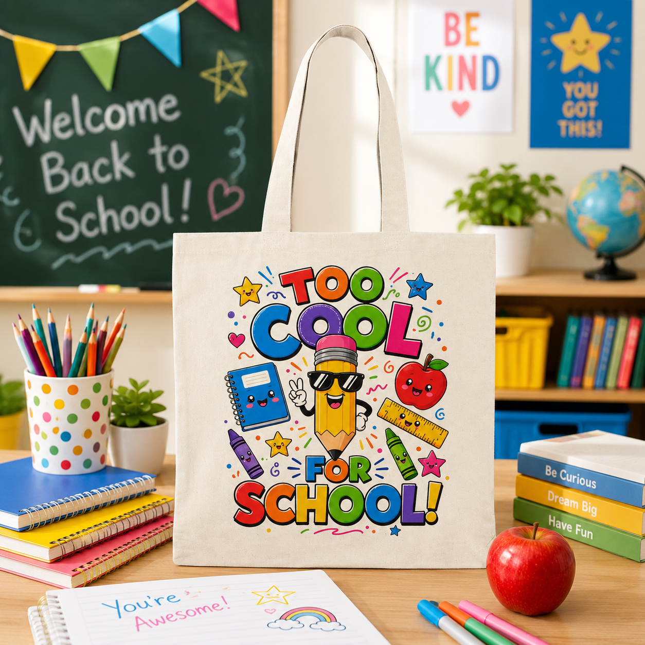 Too Cool For School tote bag | Cute school supplies illustration