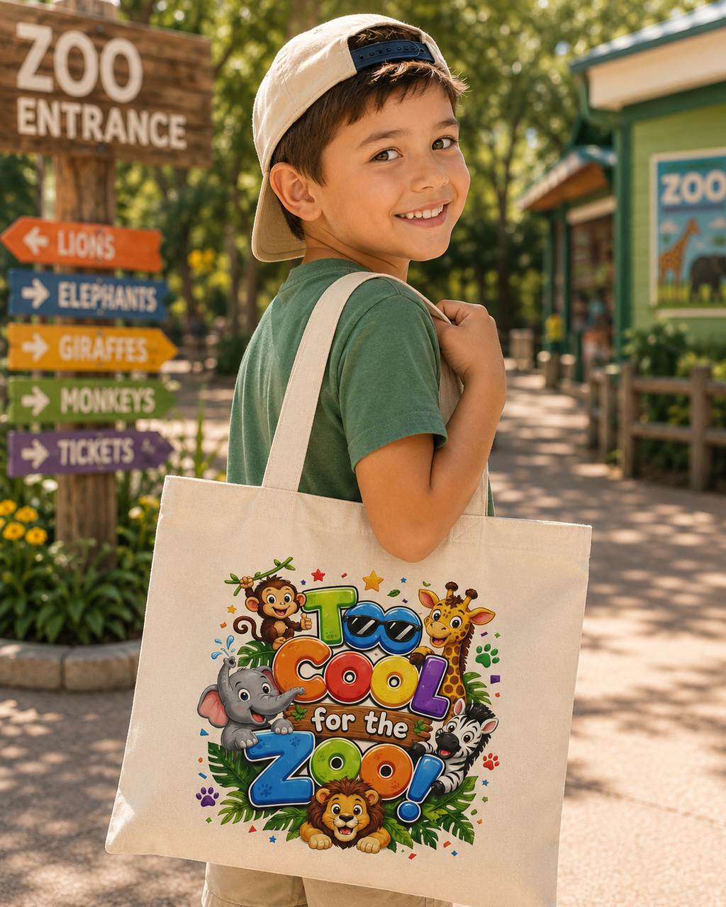Too Cool for the Zoo Tote Bag — Kids' Cute Animal Canvas Shopper