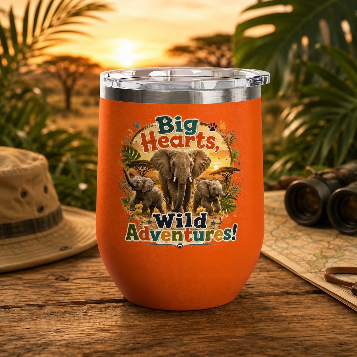 12oz Tumbler — "Big Hearts, Wild Adventures!" Elephant Safari Travel Cup
