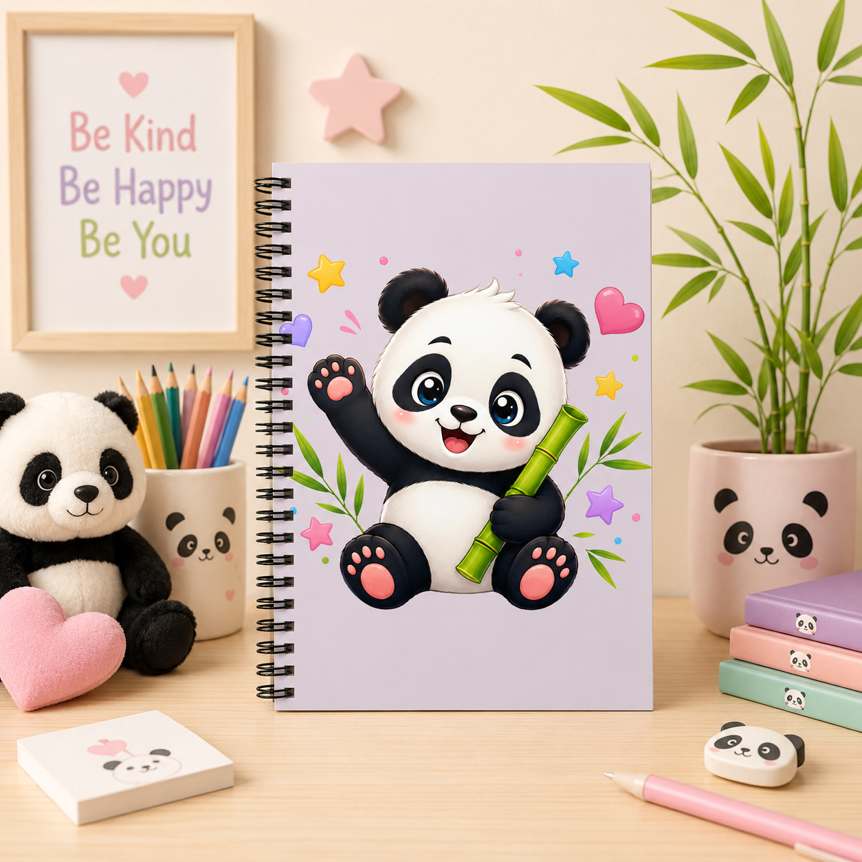 Cute Panda Spiral Notebook — Kawaii Baby Panda with Bamboo Ruled Journal