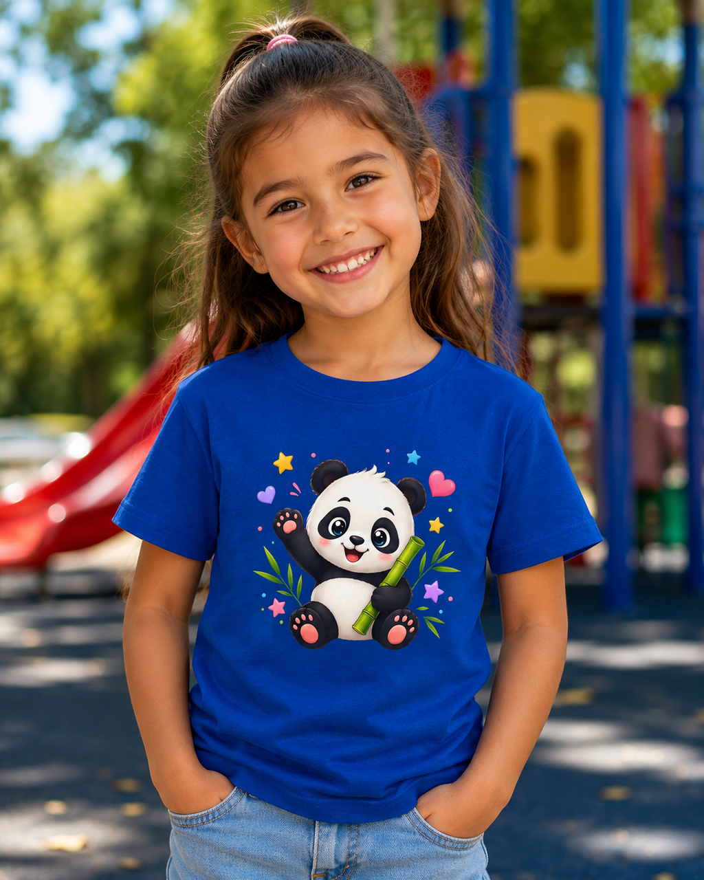 Cute Panda Kids T‑Shirt — Smiling Baby Panda with Hearts & Bamboo