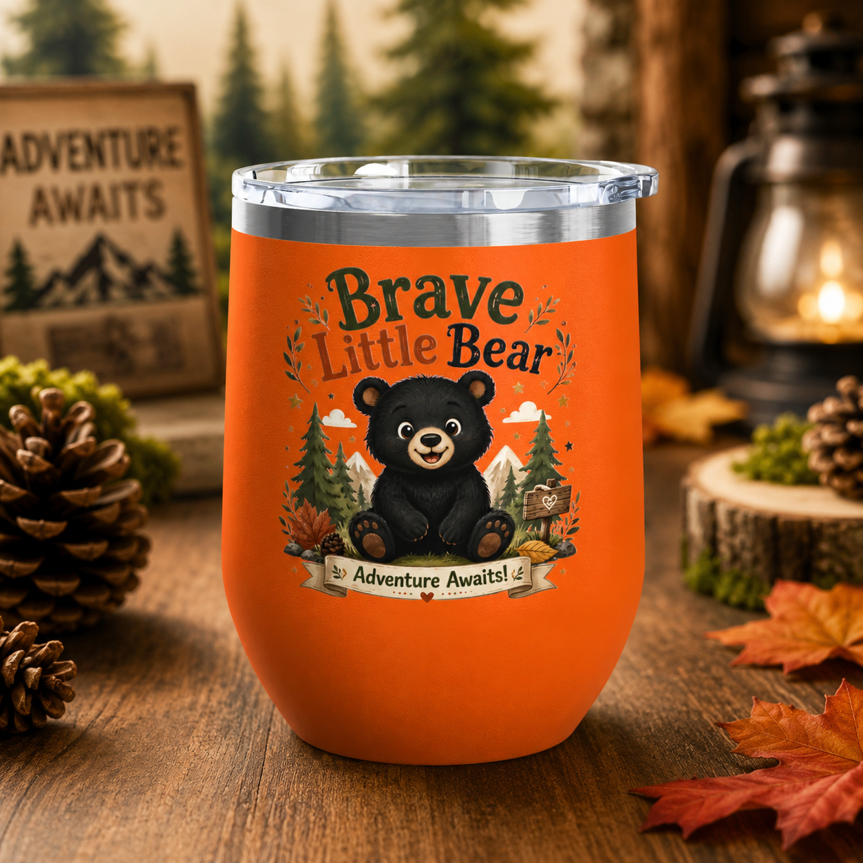 Brave Little Bear 12oz Tumbler — 'Adventure Awaits' Insulated Travel Cup