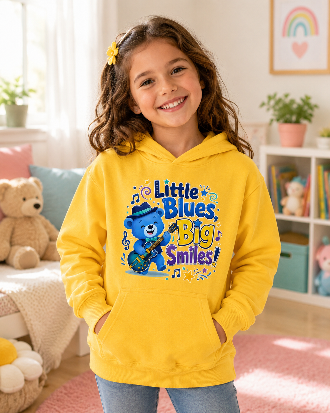 Kids Hoodie - "Little Blues, Big Smiles" Cute Blue Bear Guitar Hoodie for Toddlers