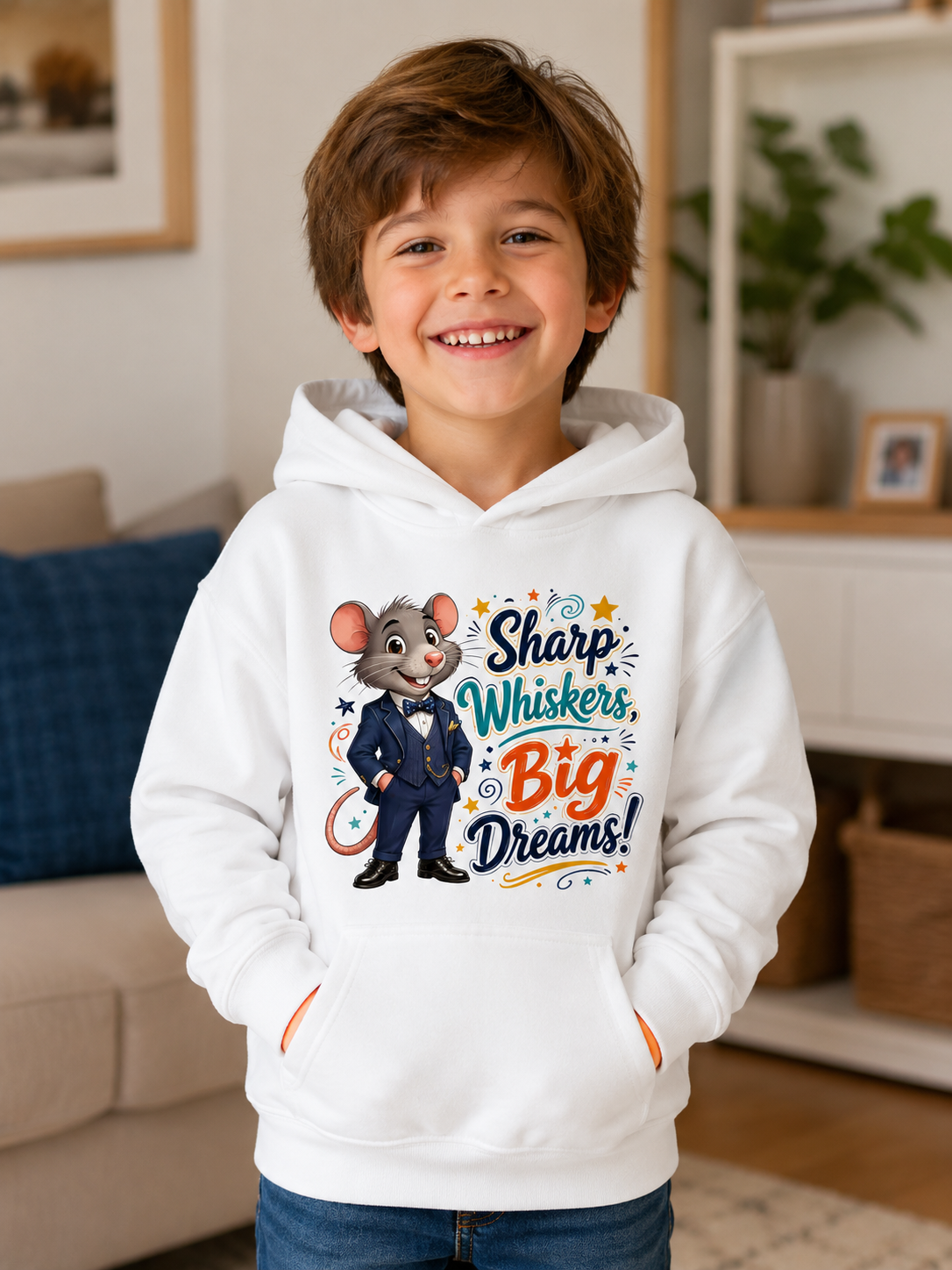 Kids Hoodie — Sharp Whiskers, Big Dreams! Cute Motivational Mouse Graphic Hoodie