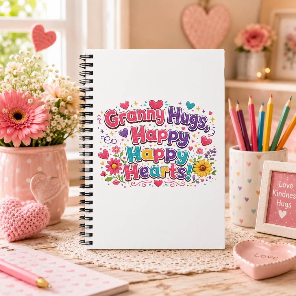 Granny Hugs Happy Happy Hearts Spiral Notebook | Floral Heart Illustration