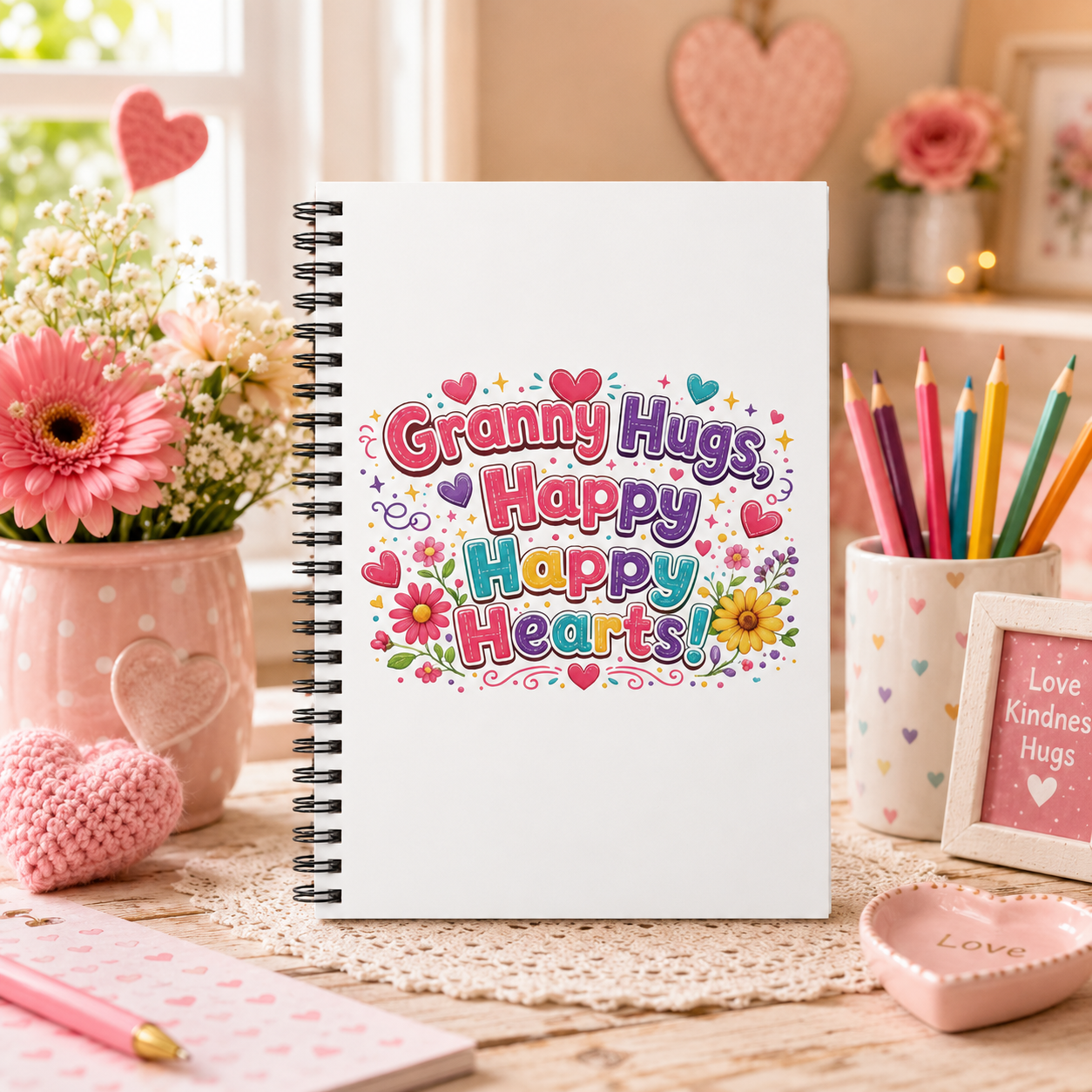 Granny Hugs Happy Happy Hearts Spiral Notebook | Floral Heart Illustration