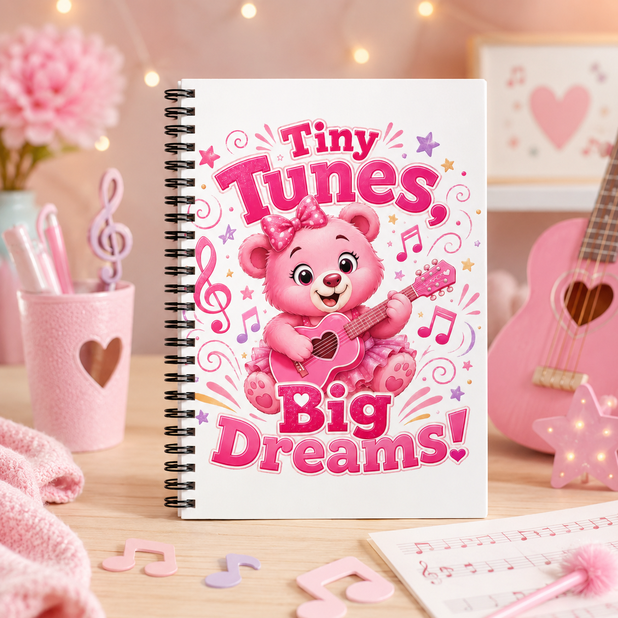Tiny Tunes, Big Dreams Spiral Notebook — Cute Pink Bear Music Journal for Kids