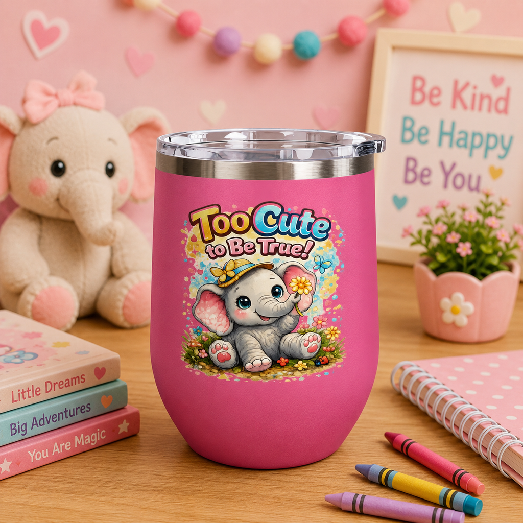 12oz Tumbler - "Too Cute to Be True" Baby Elephant Floral Design