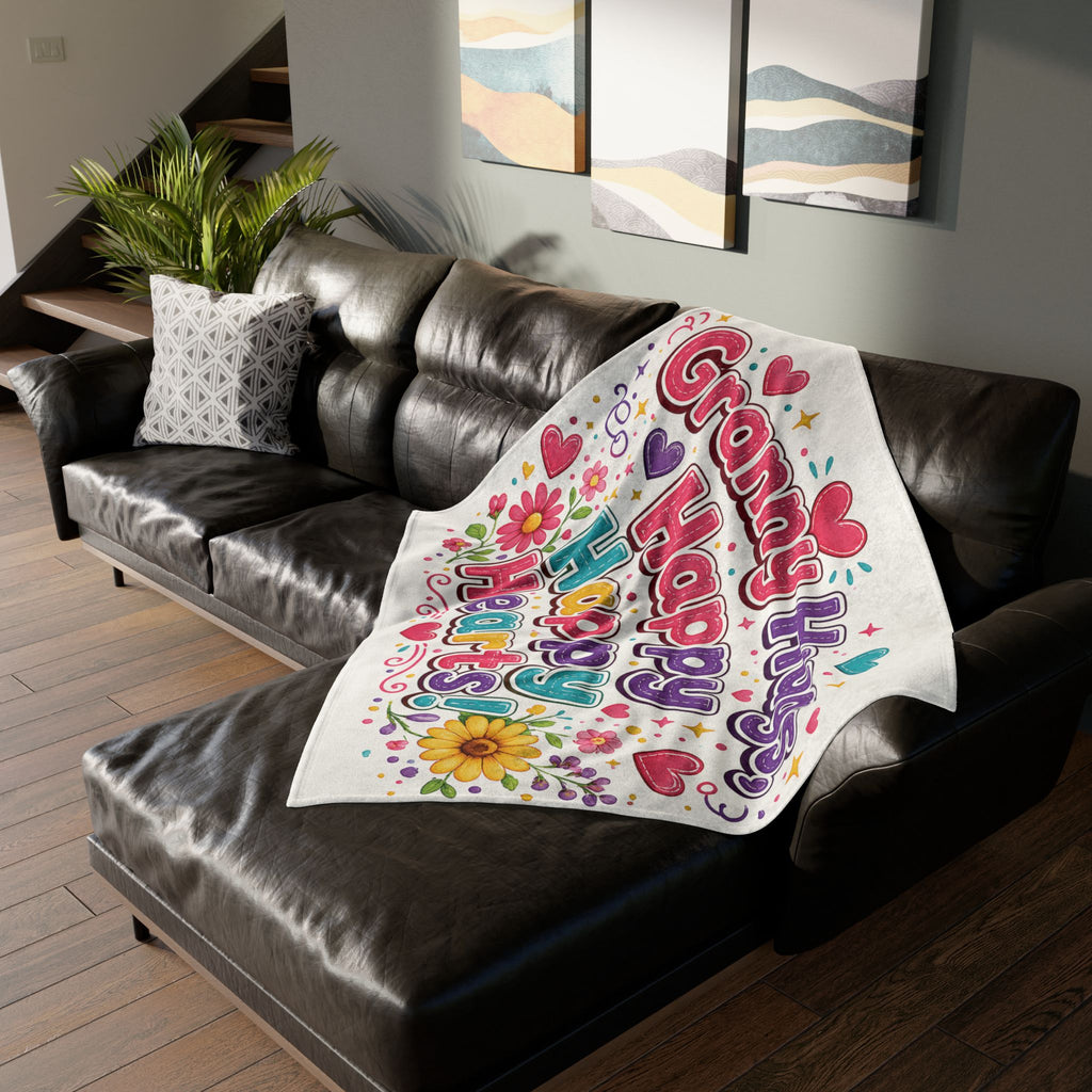 Granny Hugs Happy Happy Hearts Blanket | Floral Heart Retro Typography