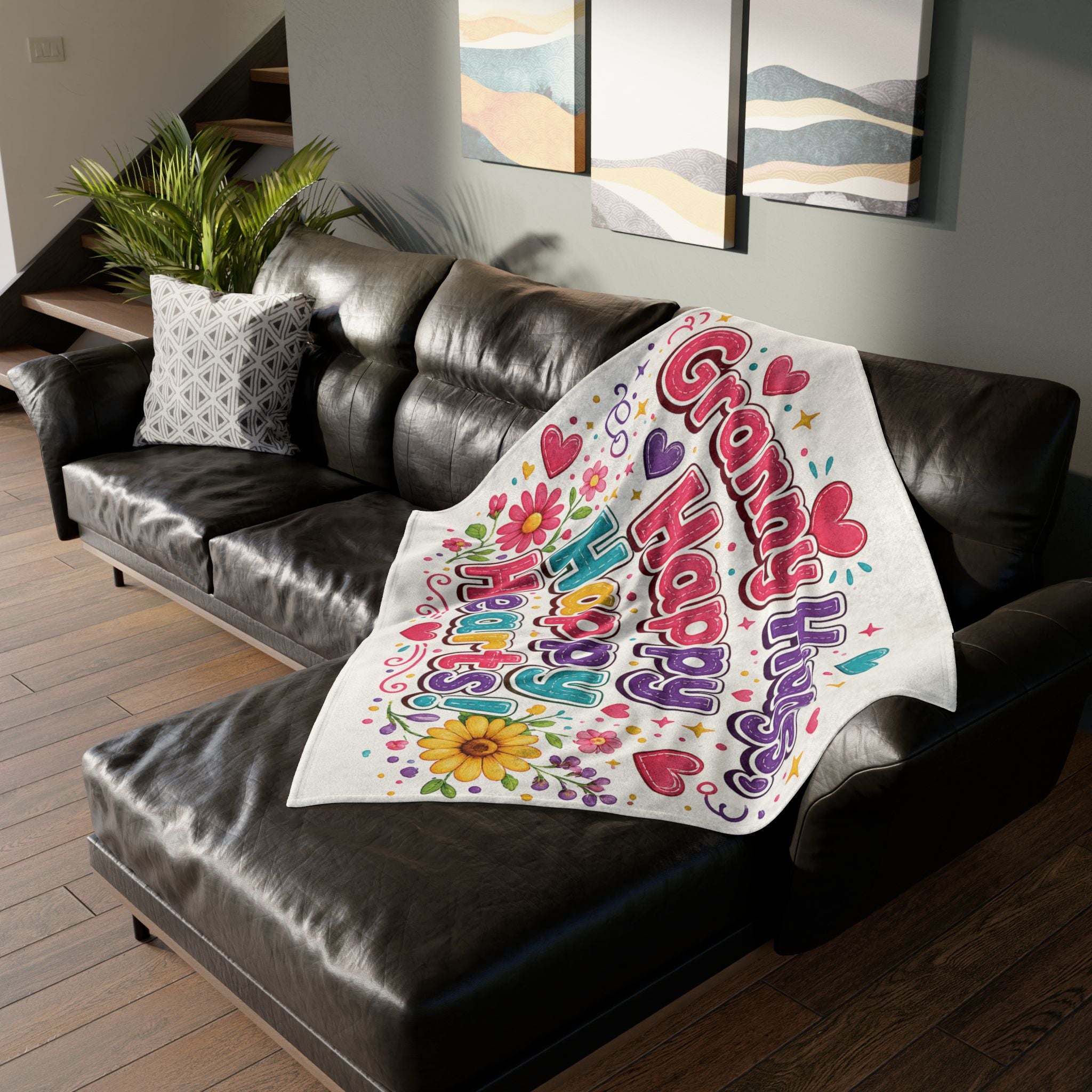 Granny Hugs Happy Happy Hearts Blanket | Floral Heart Retro Typography