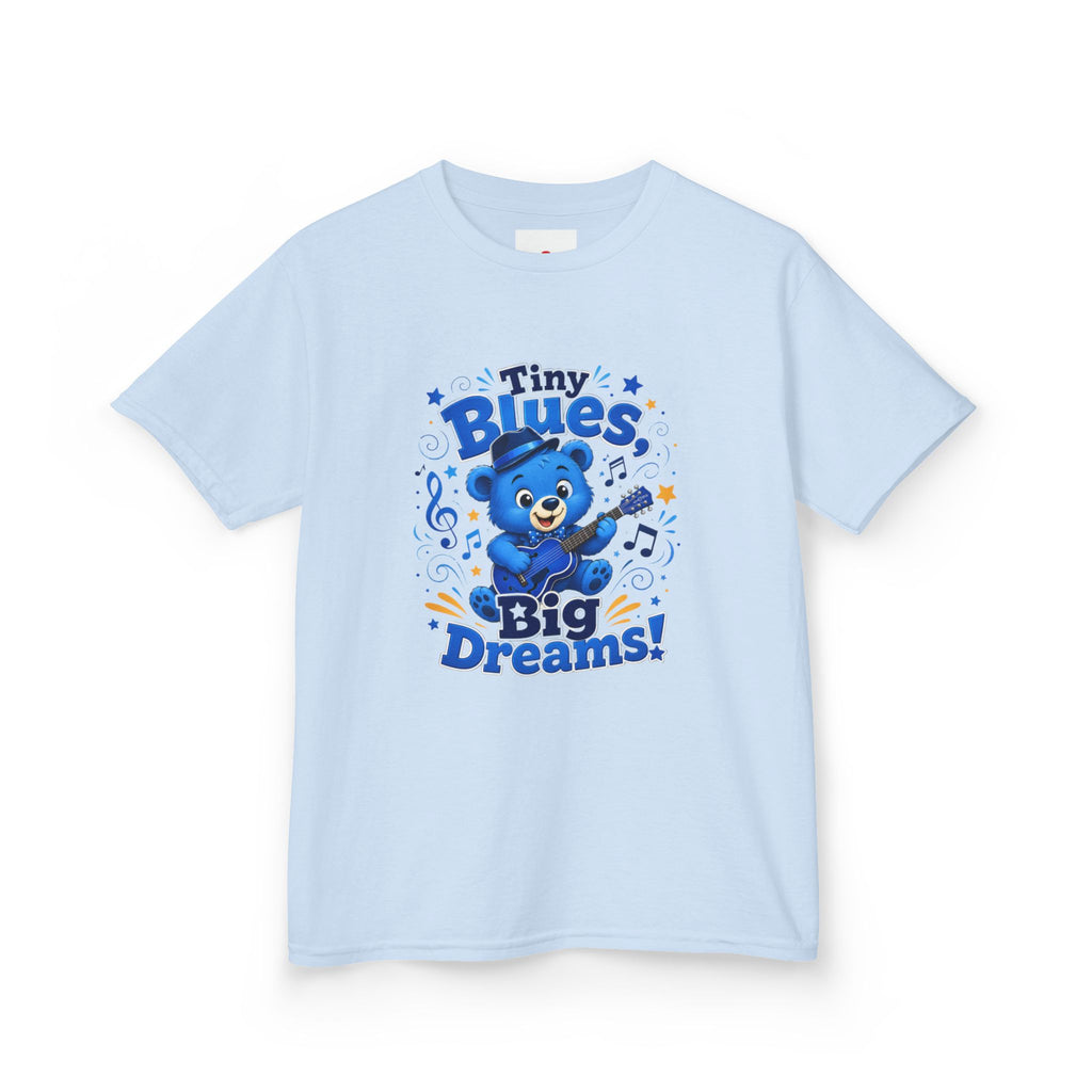 Kids Tee - "Tiny Blues, Big Dreams!" Cute Blue Bear Music Graphic