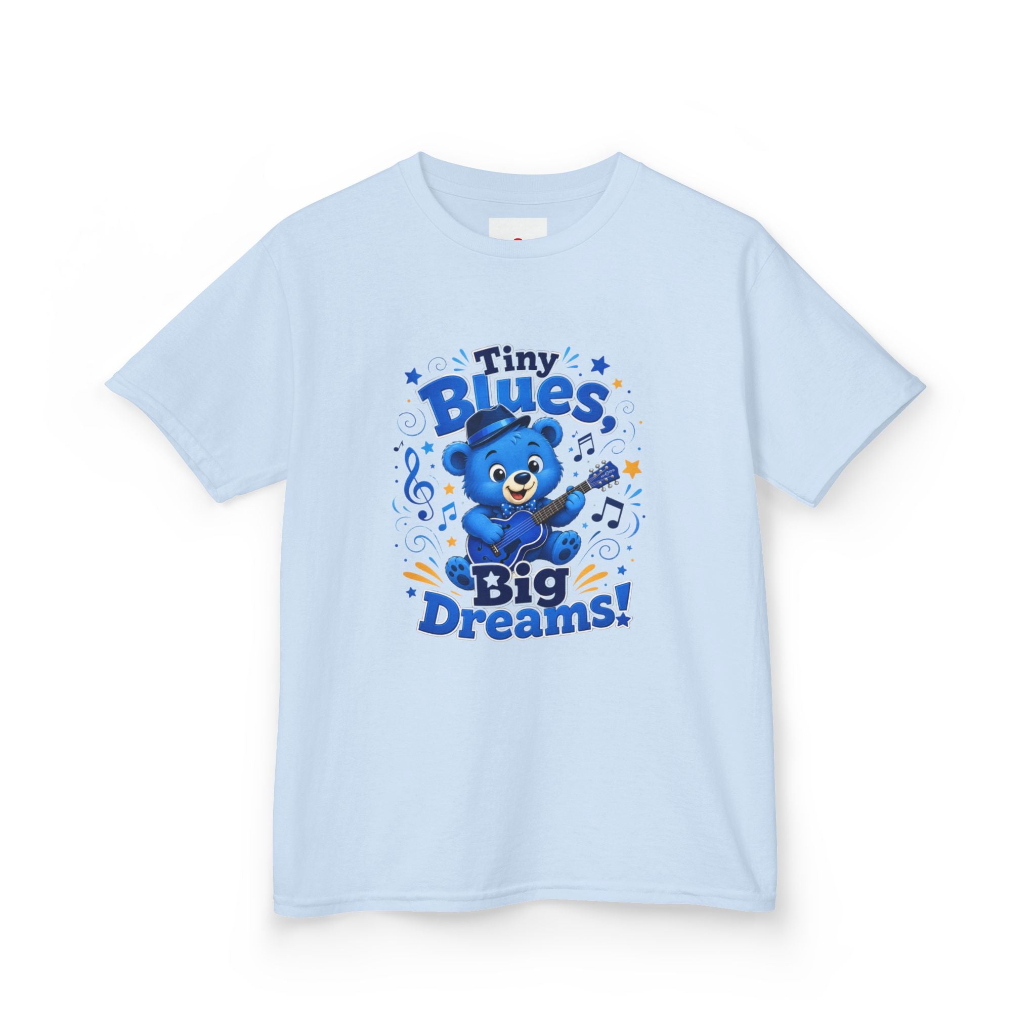 Kids Tee - "Tiny Blues, Big Dreams!" Cute Blue Bear Music Graphic