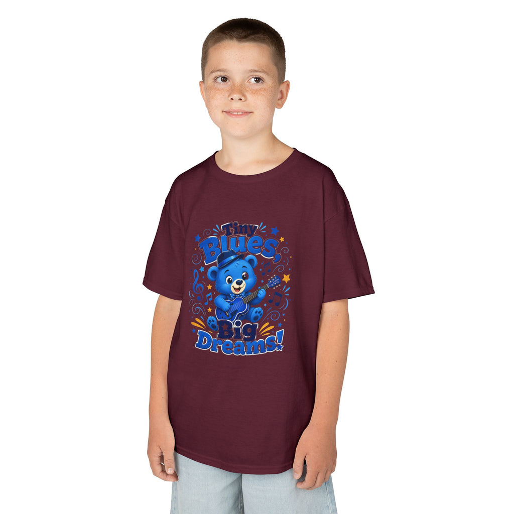 Kids Tee - "Tiny Blues, Big Dreams!" Cute Blue Bear Music Graphic