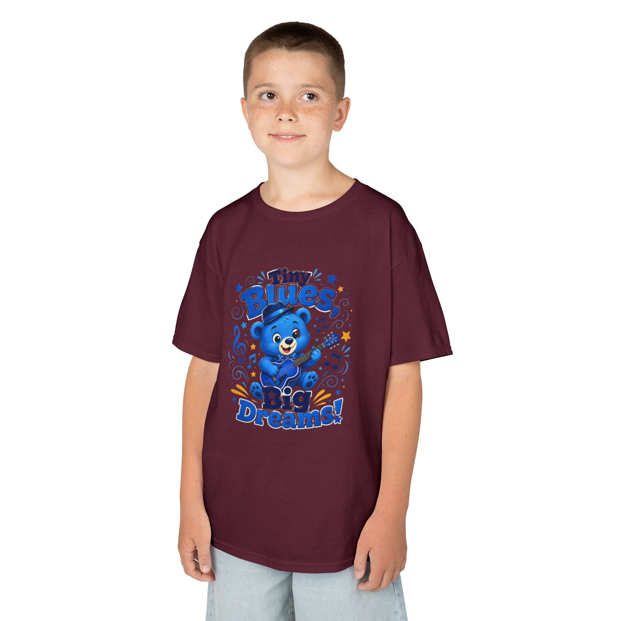 Kids Tee - "Tiny Blues, Big Dreams!" Cute Blue Bear Music Graphic
