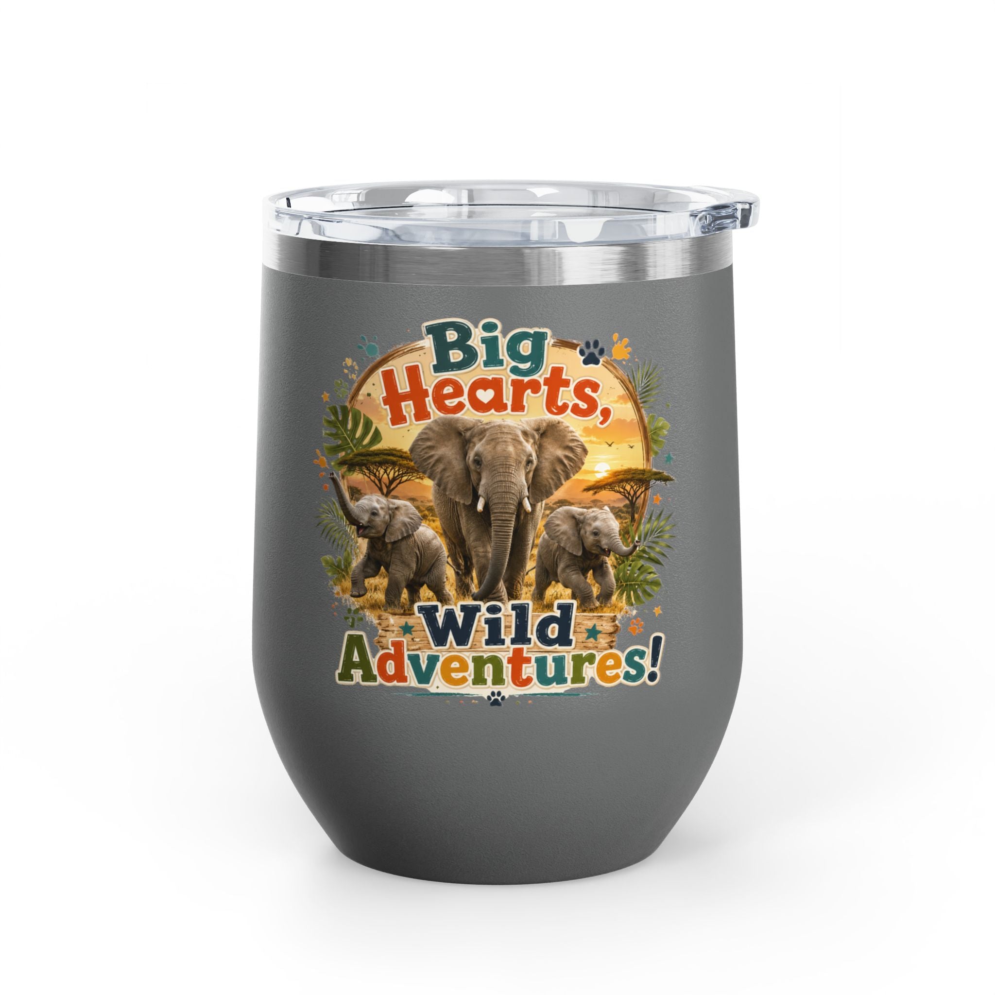 12oz Tumbler — "Big Hearts, Wild Adventures!" Elephant Safari Travel Cup