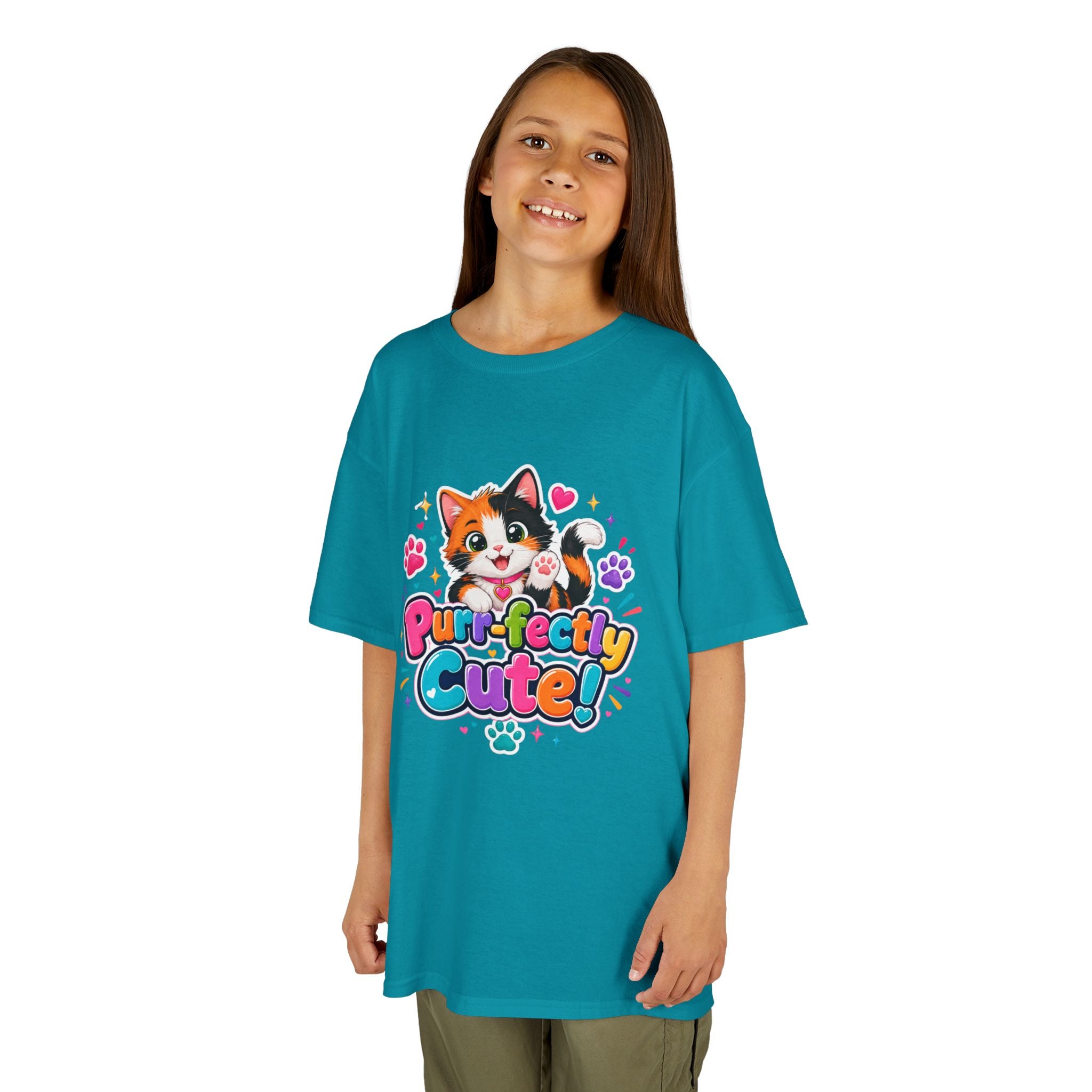 Kids Tee — “Purr-fectly Cute!” Colorful Calico Cat Graphic