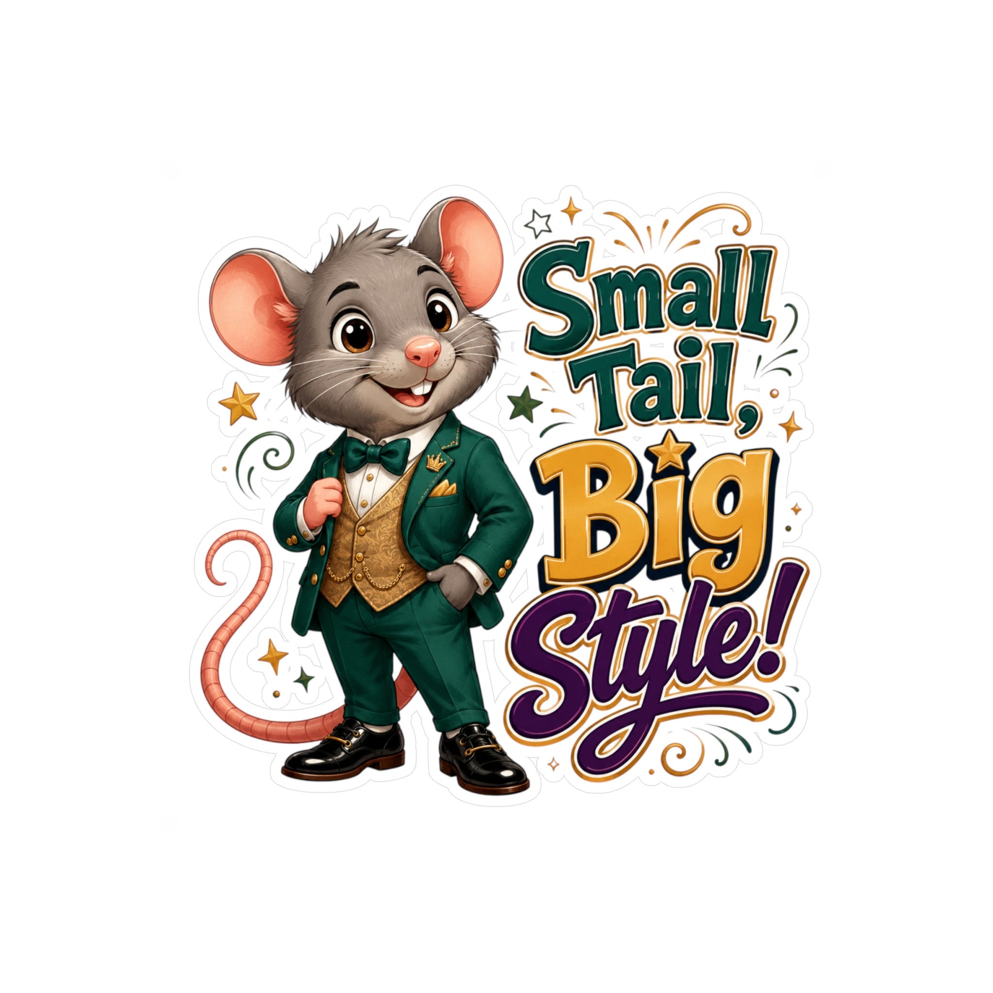Sticker — "Small Tail, Big Style!" Cute Dressed Mouse Kiss-Cut Vinyl Decal