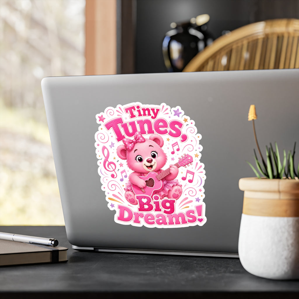 Kiss-Cut Vinyl Decal — Pink Bear "Tiny Tunes, Big Dreams" Sticker