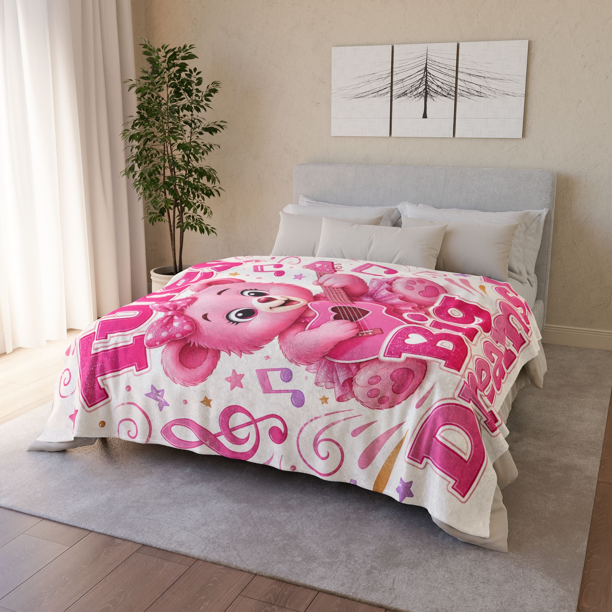 Plush Baby Blanket — "Tiny Tunes, Big Dreams!" Pink Teddy Guitar Throw