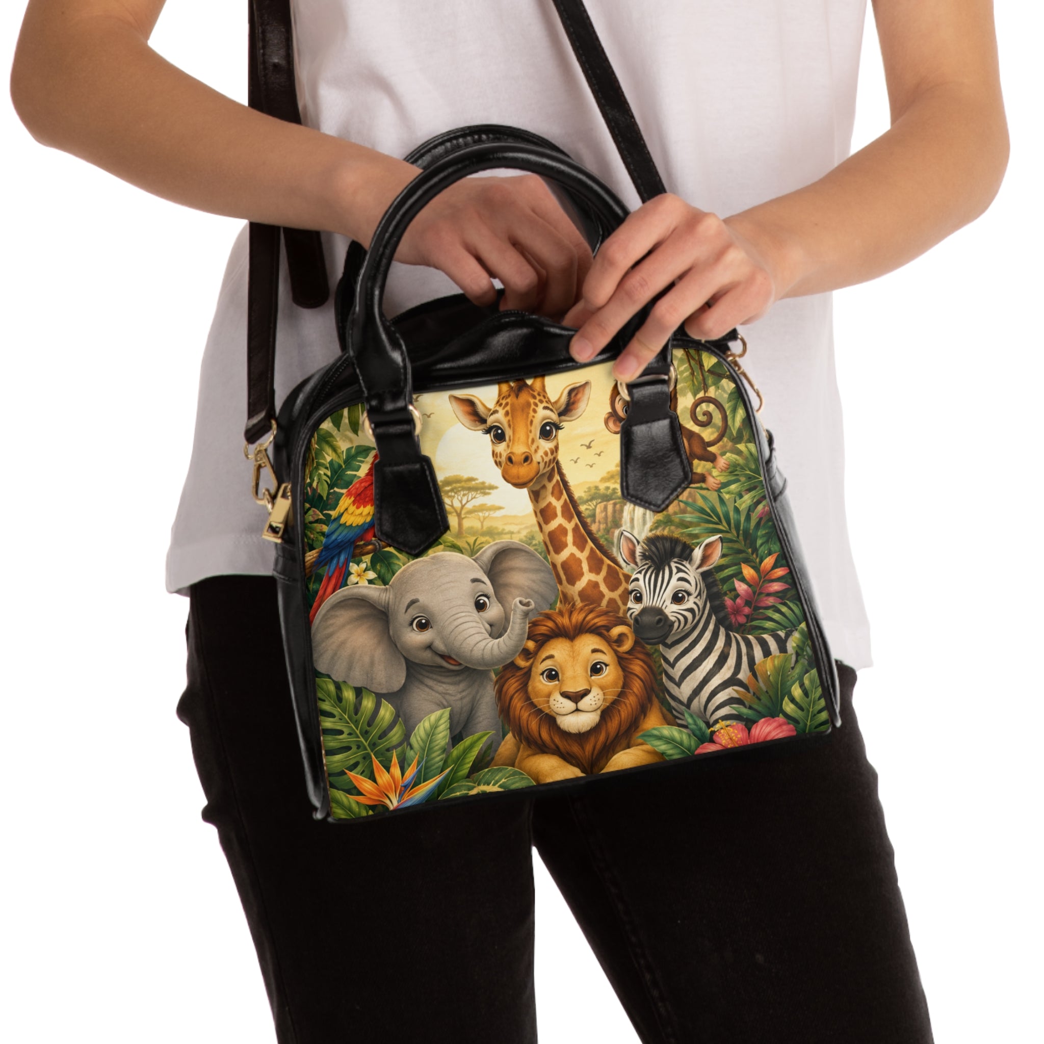Cute Jungle Animals Shoulder Handbag | Lion Elephant Giraffe Zebra Print