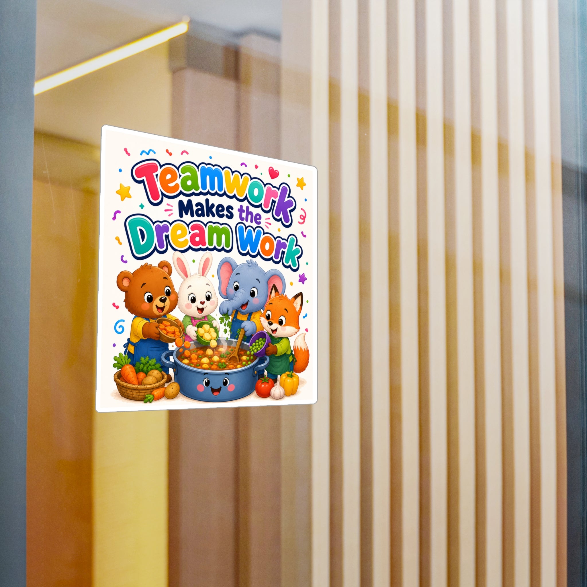 Kiss-Cut Vinyl Decal — "Teamwork Makes the Dream Work" Cute Animal Classroom Sticker