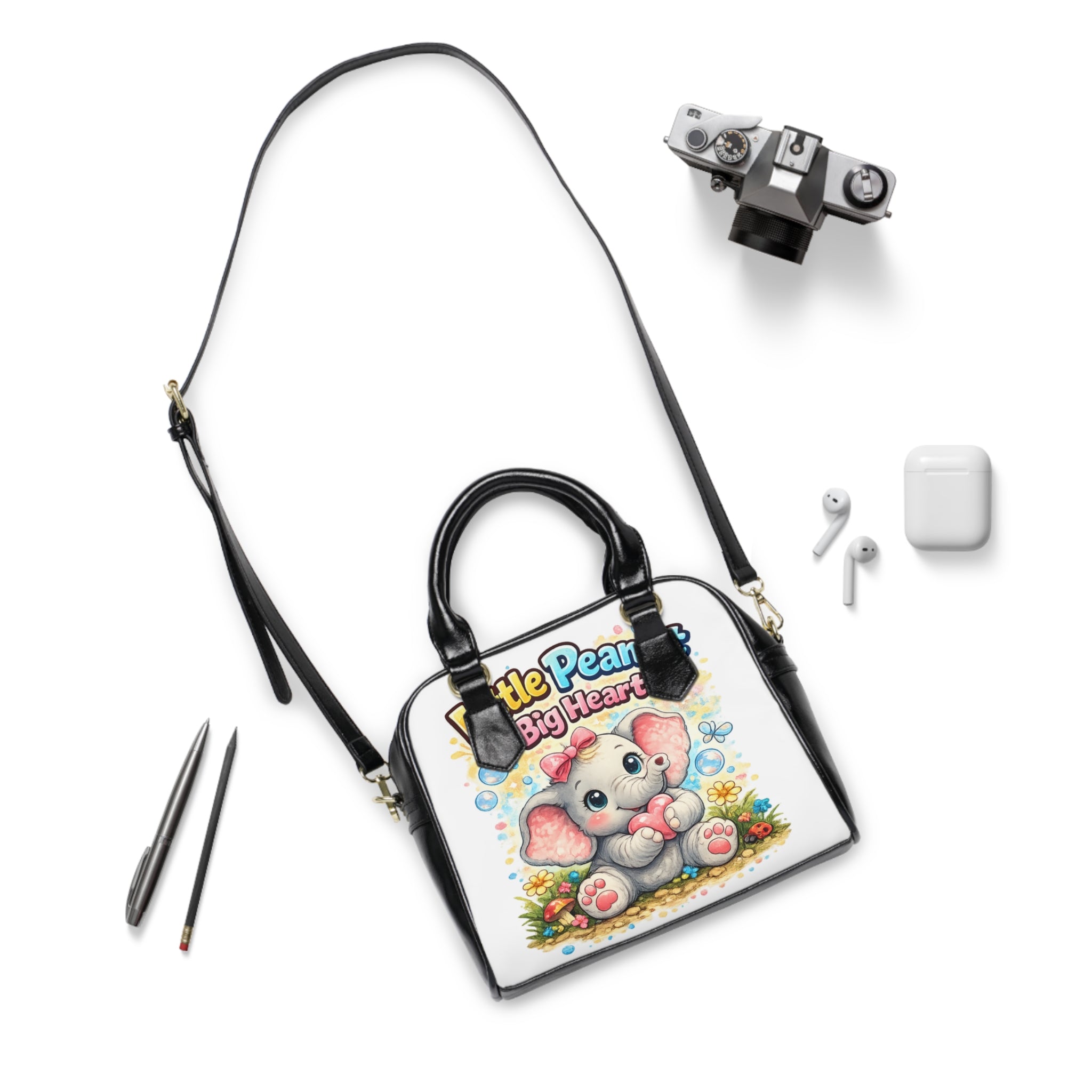 Shoulder Handbag — "Little Peanut, Big Heart" Cute Elephant Tote for Kids & Moms