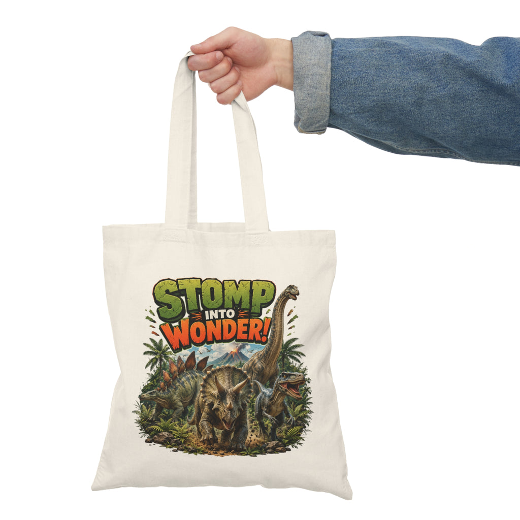 Stomp Into Wonder Natural Tote Bag — Retro Dinosaur Jungle Illustration