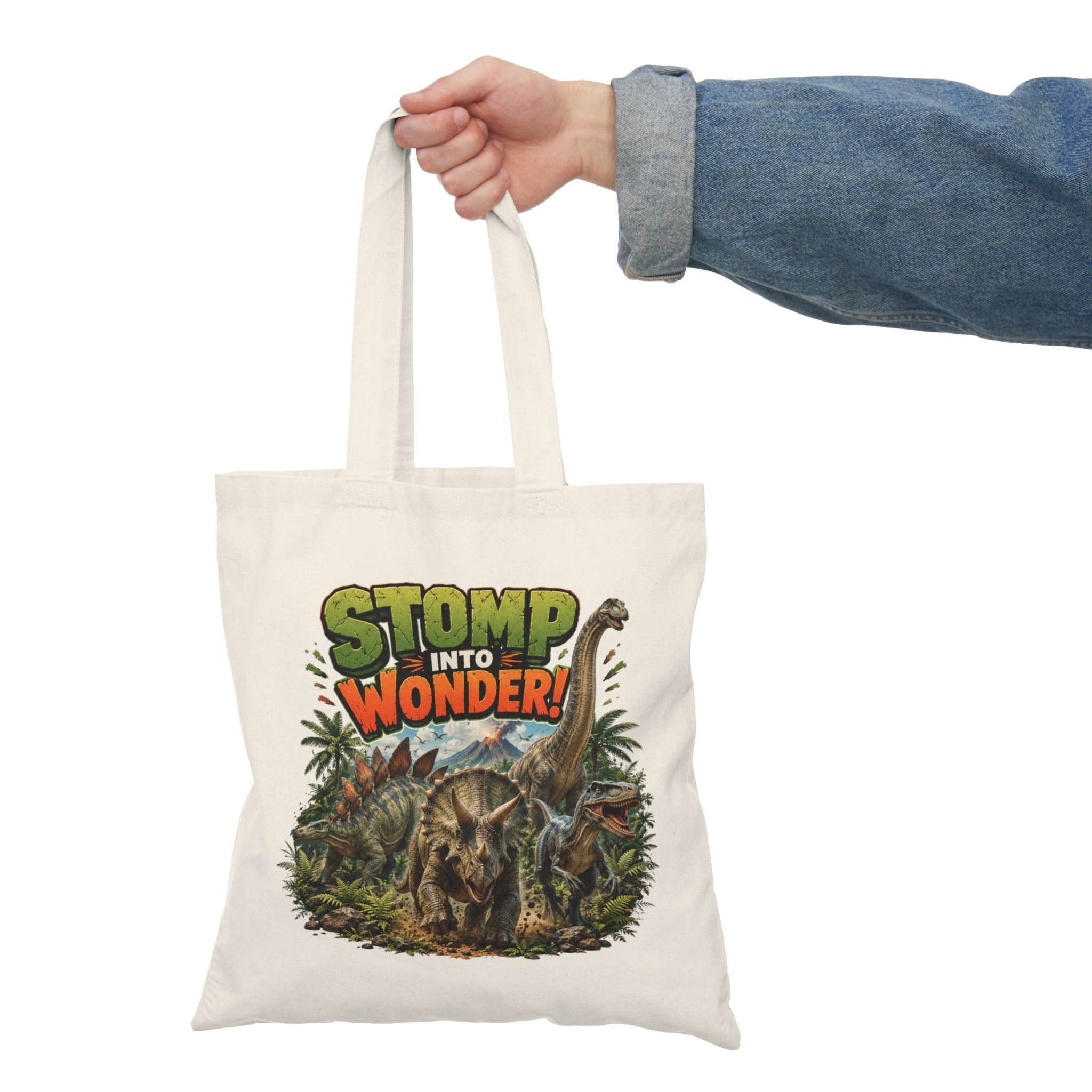 Stomp Into Wonder Natural Tote Bag — Retro Dinosaur Jungle Illustration