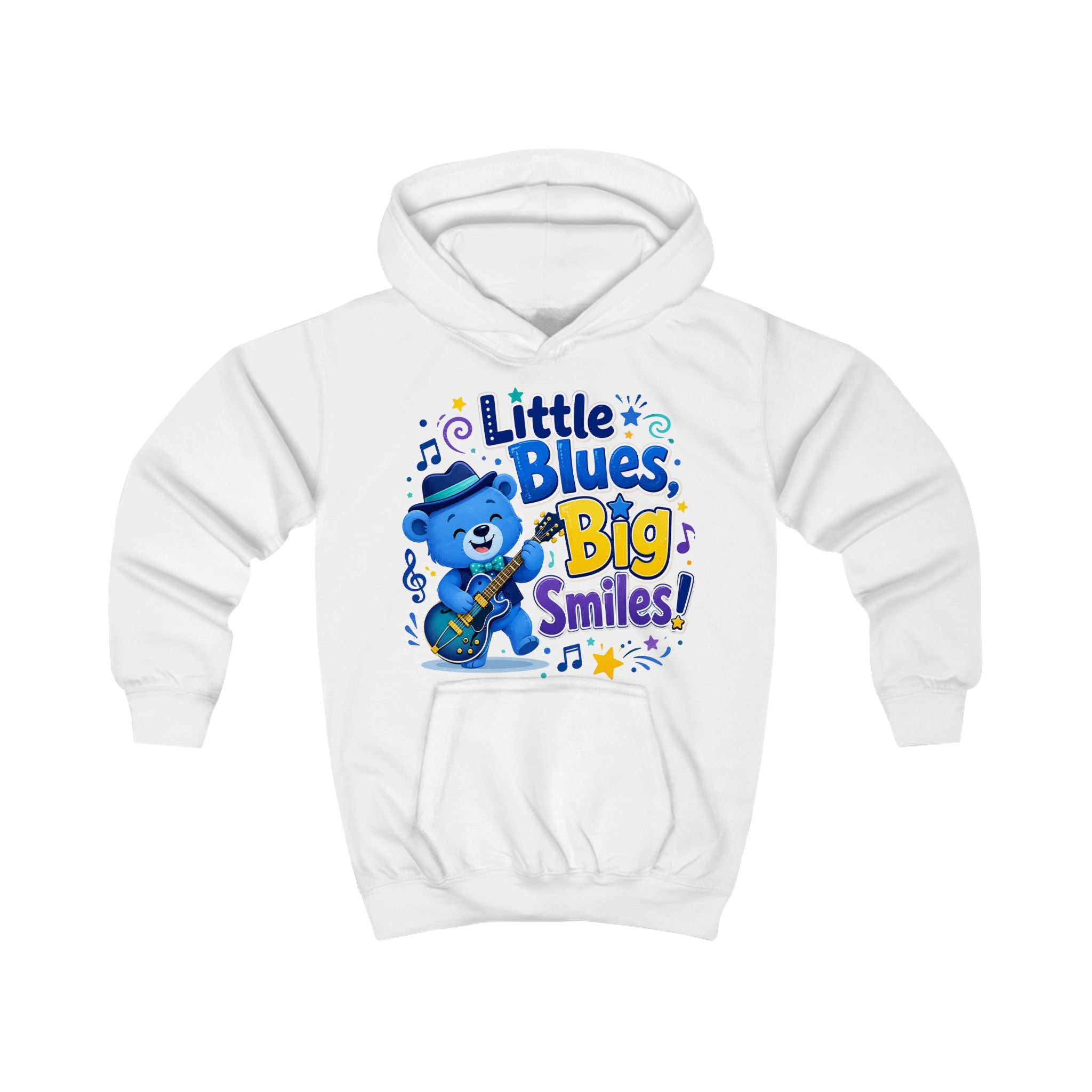 Kids Hoodie - "Little Blues, Big Smiles" Cute Blue Bear Guitar Hoodie for Toddlers