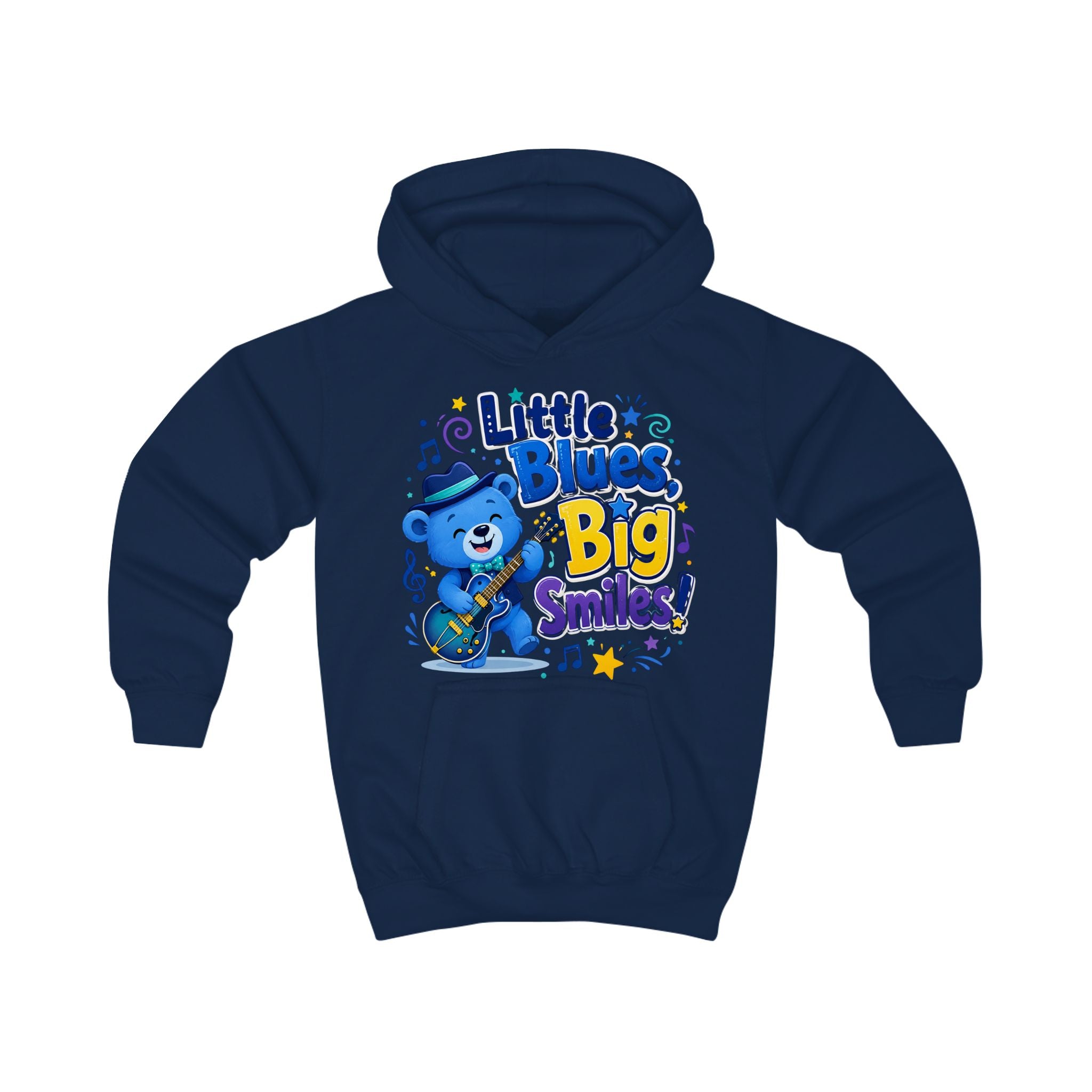 Kids Hoodie - "Little Blues, Big Smiles" Cute Blue Bear Guitar Hoodie for Toddlers