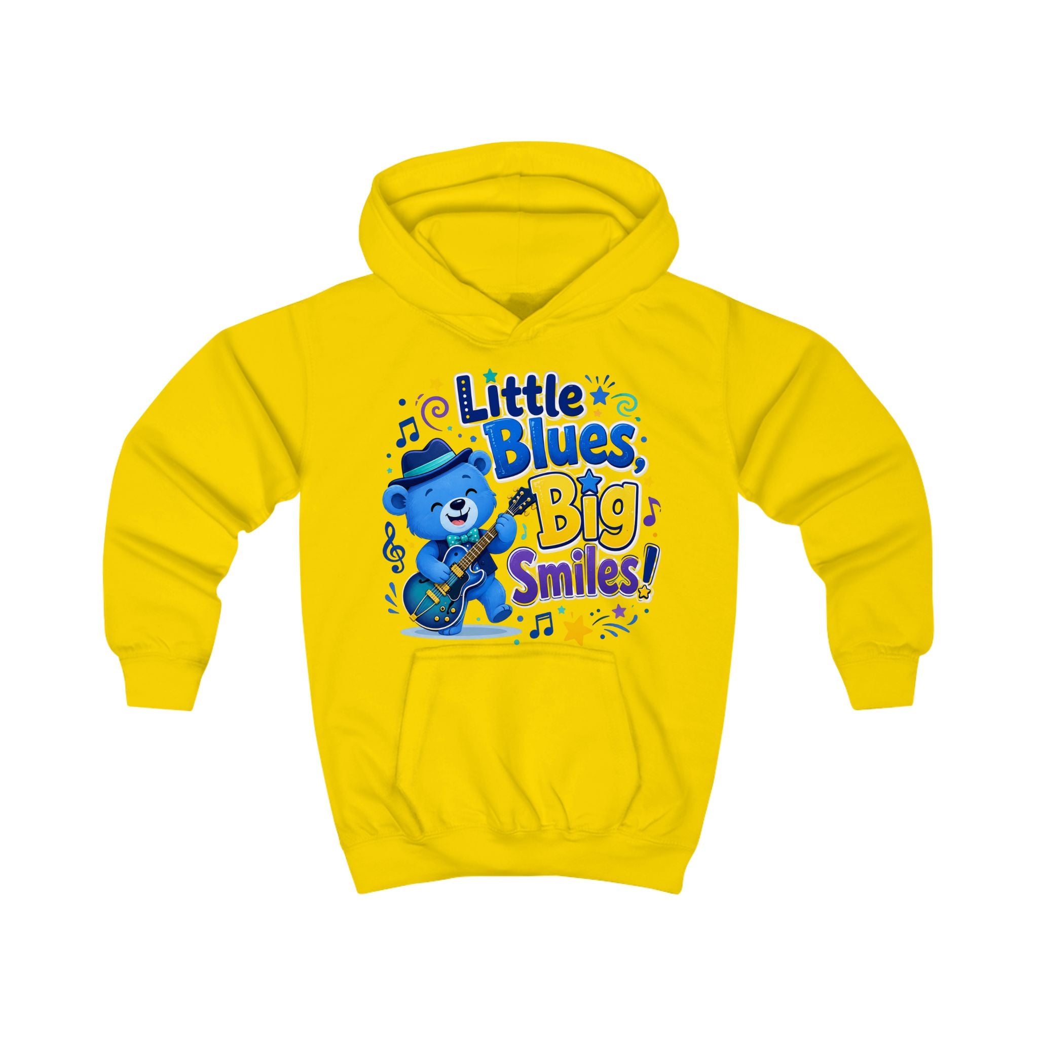 Kids Hoodie - "Little Blues, Big Smiles" Cute Blue Bear Guitar Hoodie for Toddlers