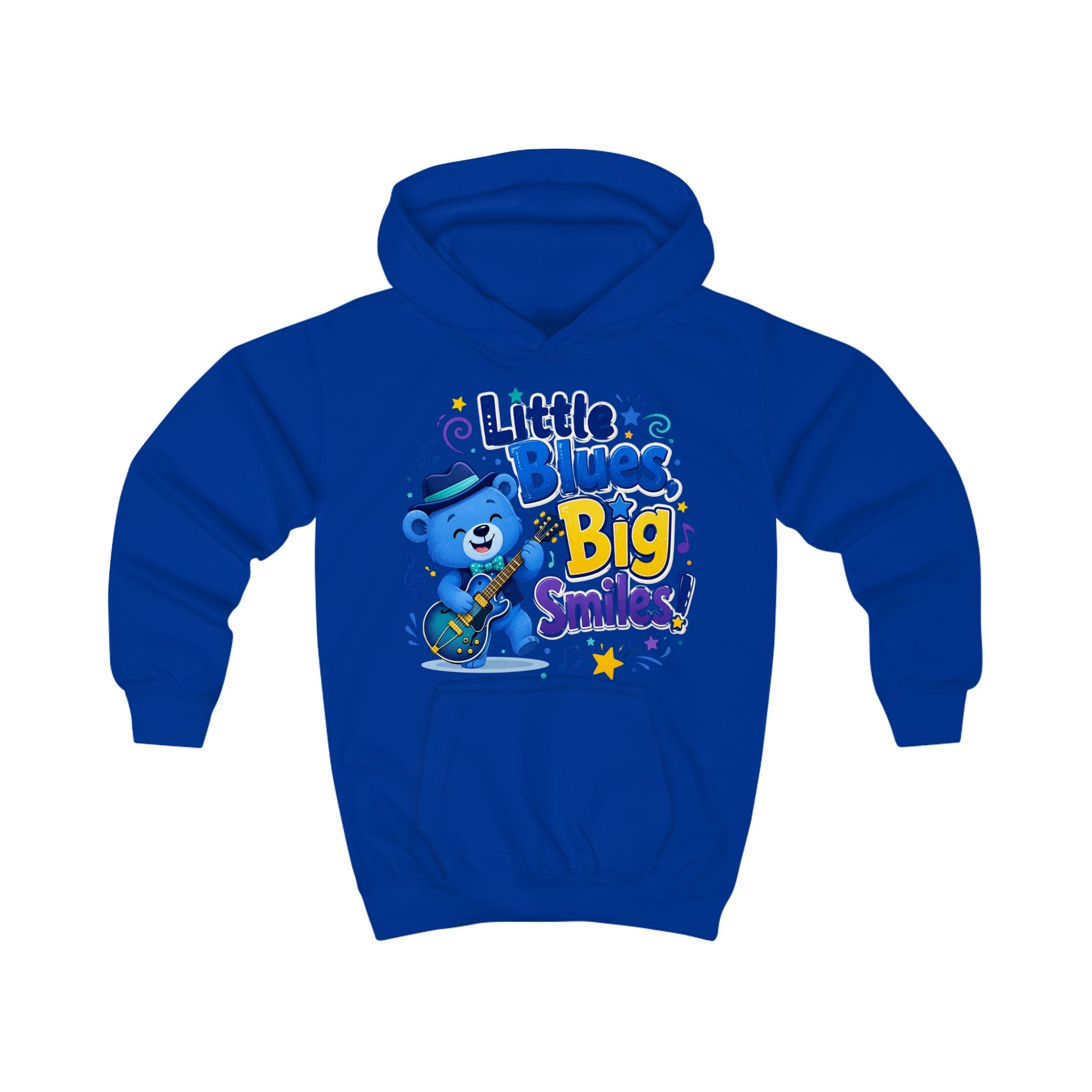 Kids Hoodie - "Little Blues, Big Smiles" Cute Blue Bear Guitar Hoodie for Toddlers